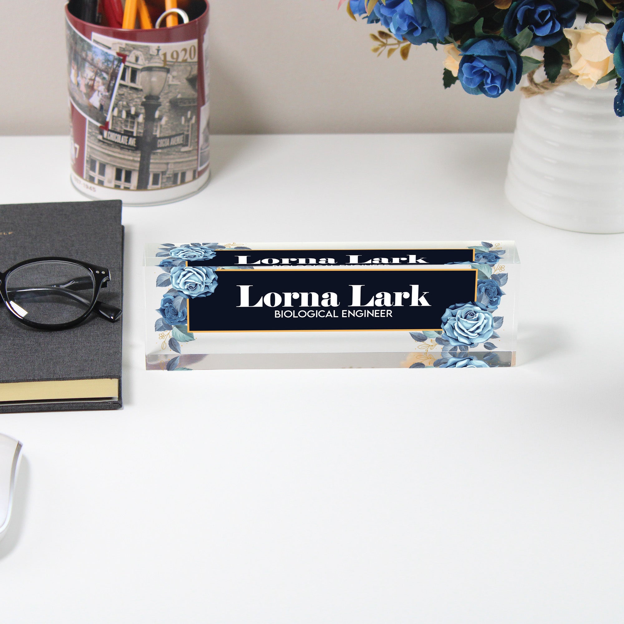 Personalized Acrylic Desk Block with Elegant Blue Rose Design - Custom Nameplate for Professionals and Gift Occasions - Image 5