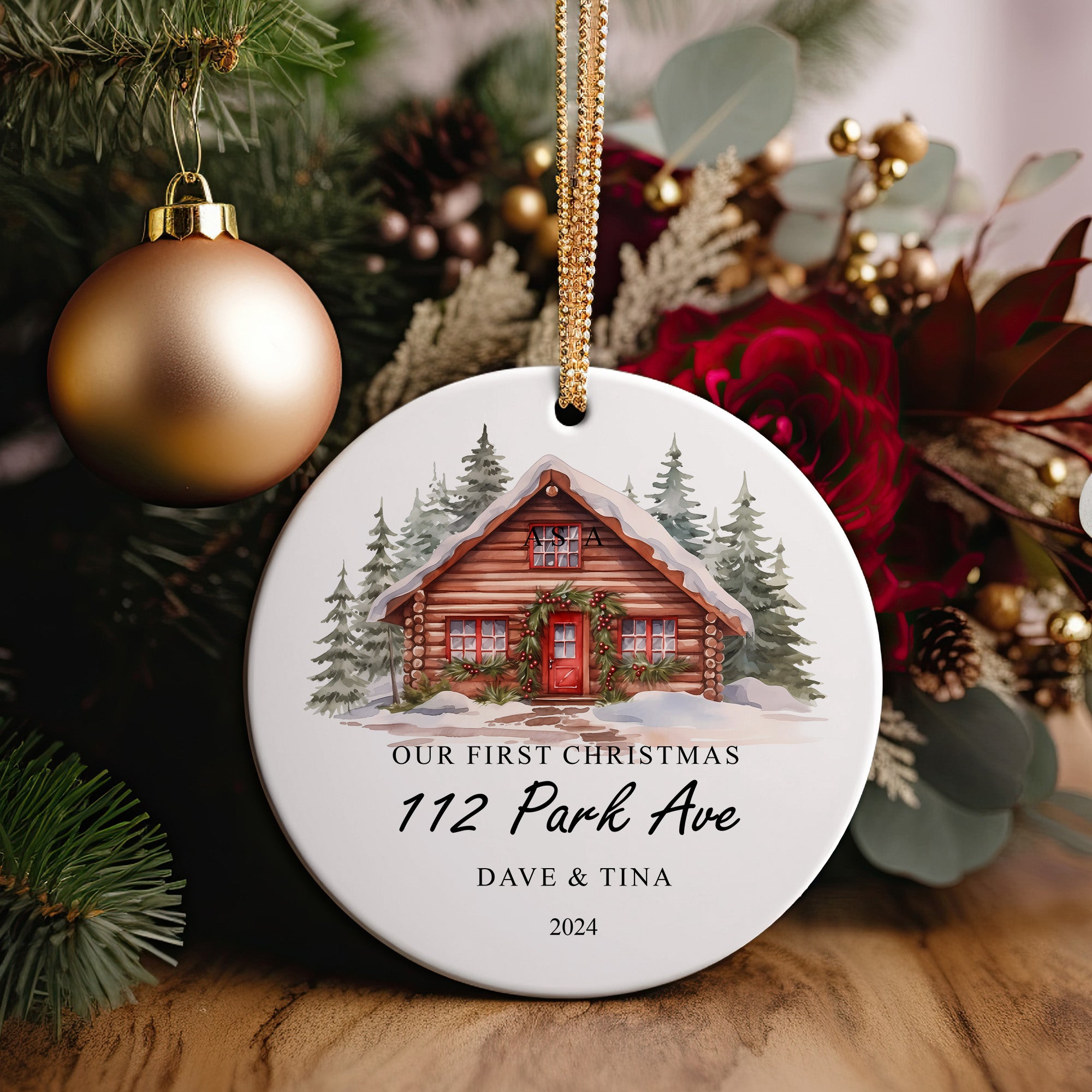 Personalized Handmade First Christmas Ornament - Custom Engraved Ceramic Cabin Design with Names & Address - Perfect Gift for Couples - Image 5