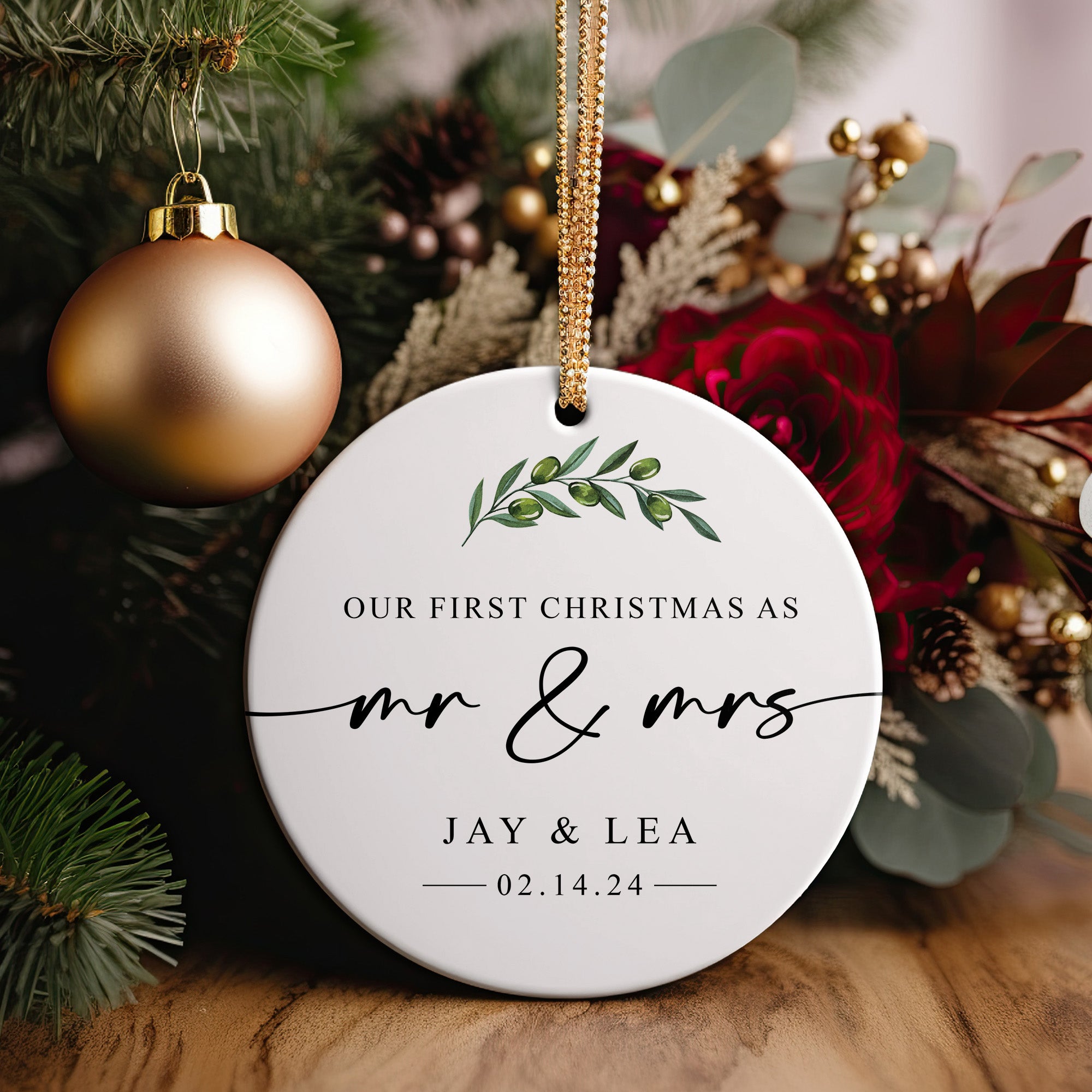 Personalized First Christmas as Mr. & Mrs. Ceramic Ornament - Elegant Handcrafted Design with Custom Names and Date - Image 5
