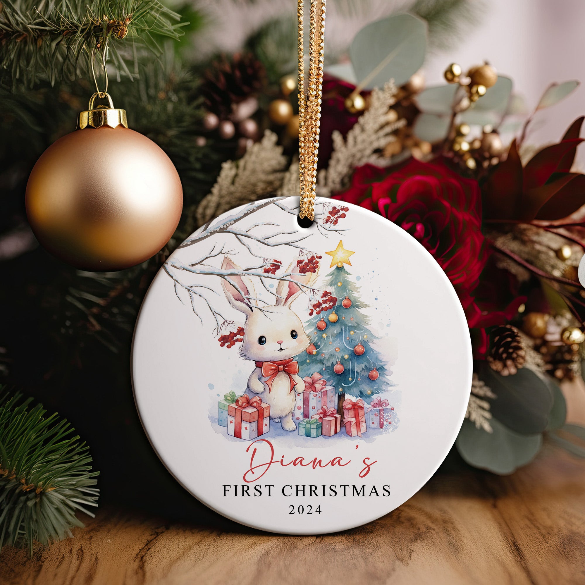 Personalized Baby's First Christmas Ornament 2024 – Handcrafted Ceramic Gift with Adorable Bunny Design - Image 5