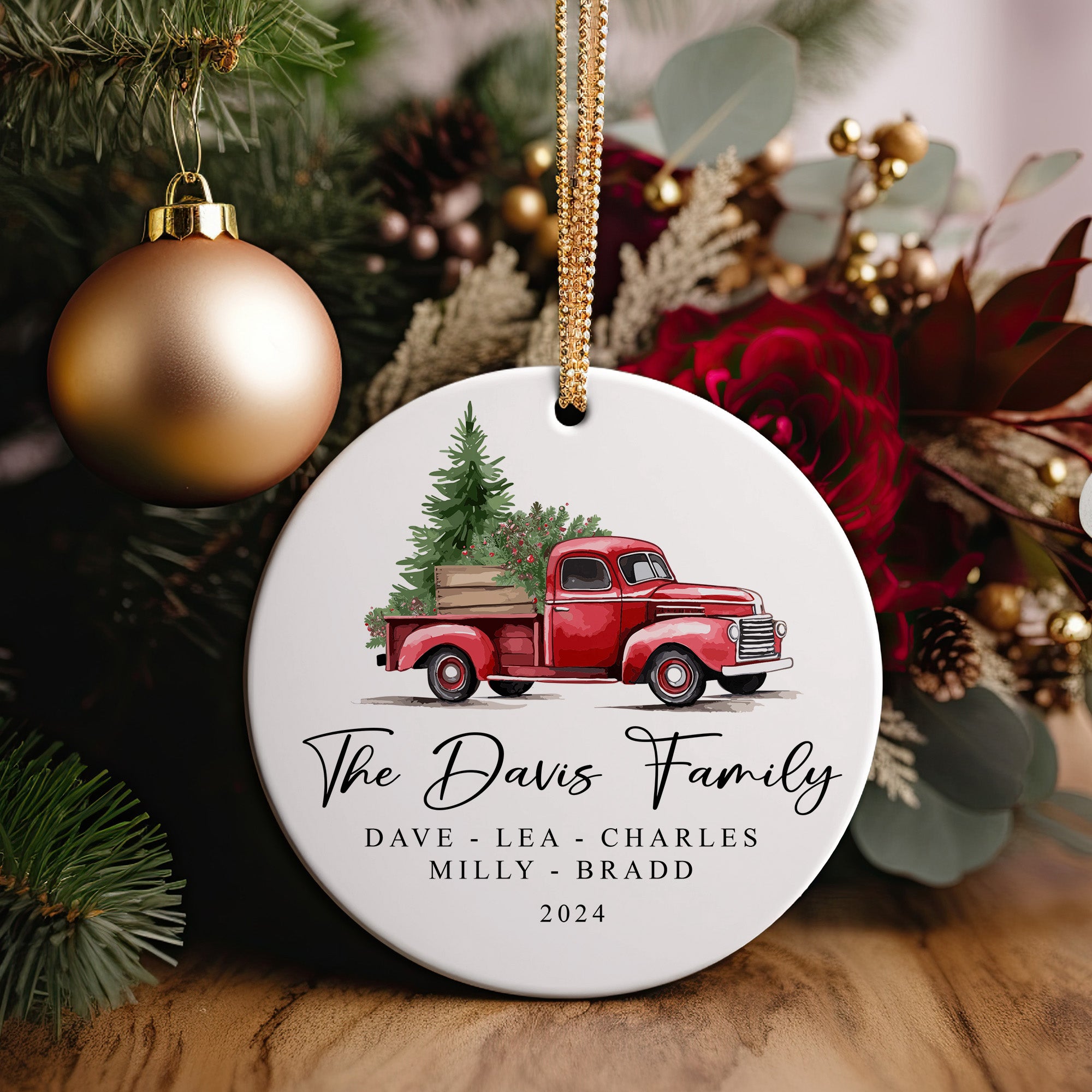 Personalized Family Red Vintage Truck Ceramic Ornament – Custom Christmas Keepsake with Elegant Script - Image 5