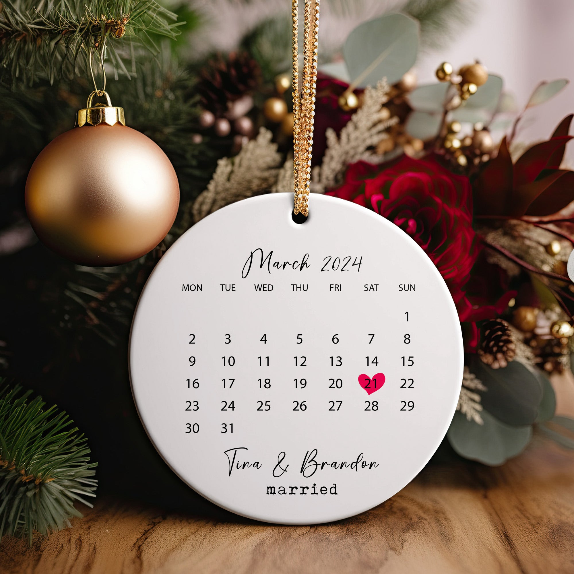 Personalized Ceramic Wedding Date Ornament - Custom Calendar Design with Gold Hanging Cord – Perfect Marriage Keepsake Gift - Image 5