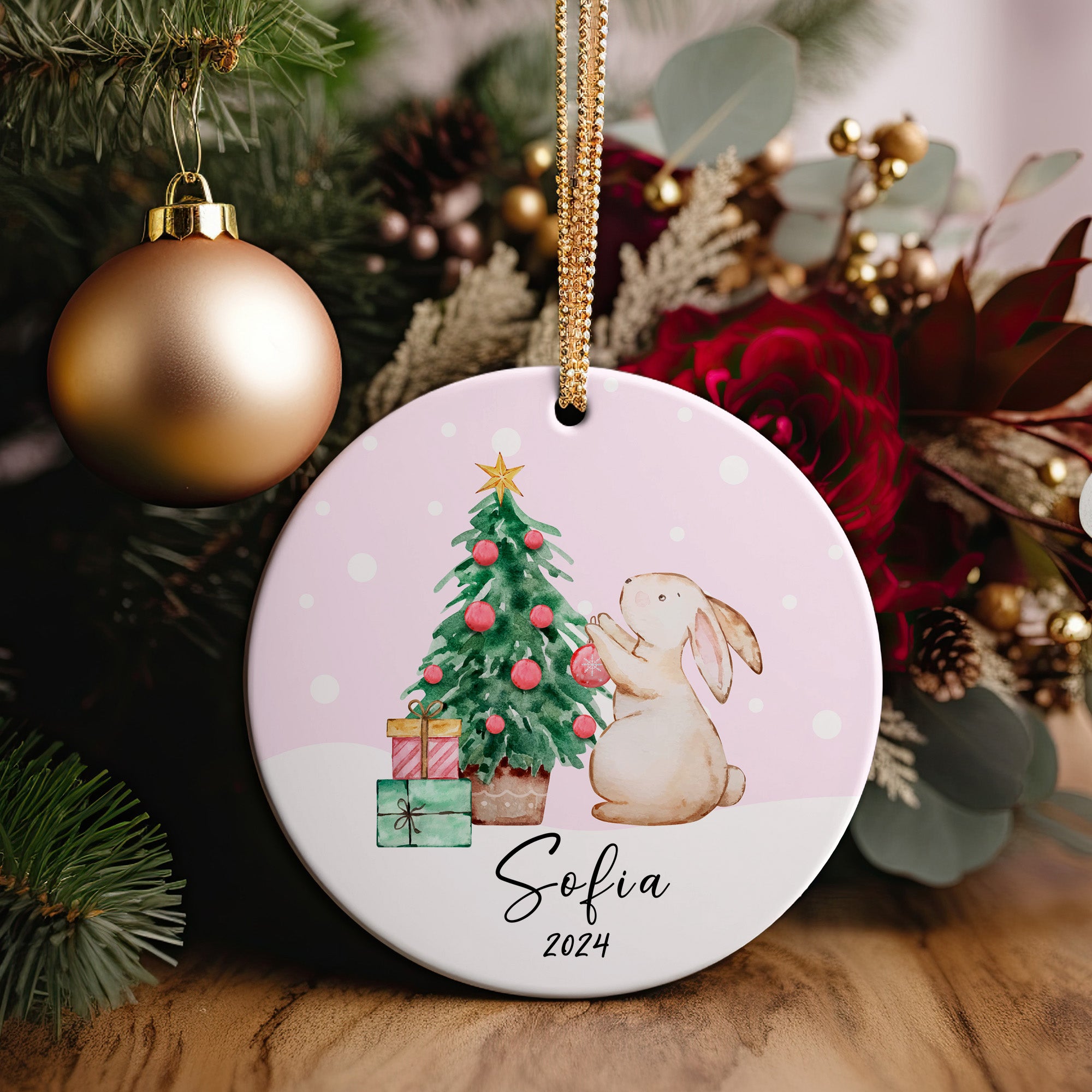 Personalized 2024 Christmas Bunny Ceramic Ornament – Custom Name & Year, Perfect Holiday Gift Keepsake - Image 5