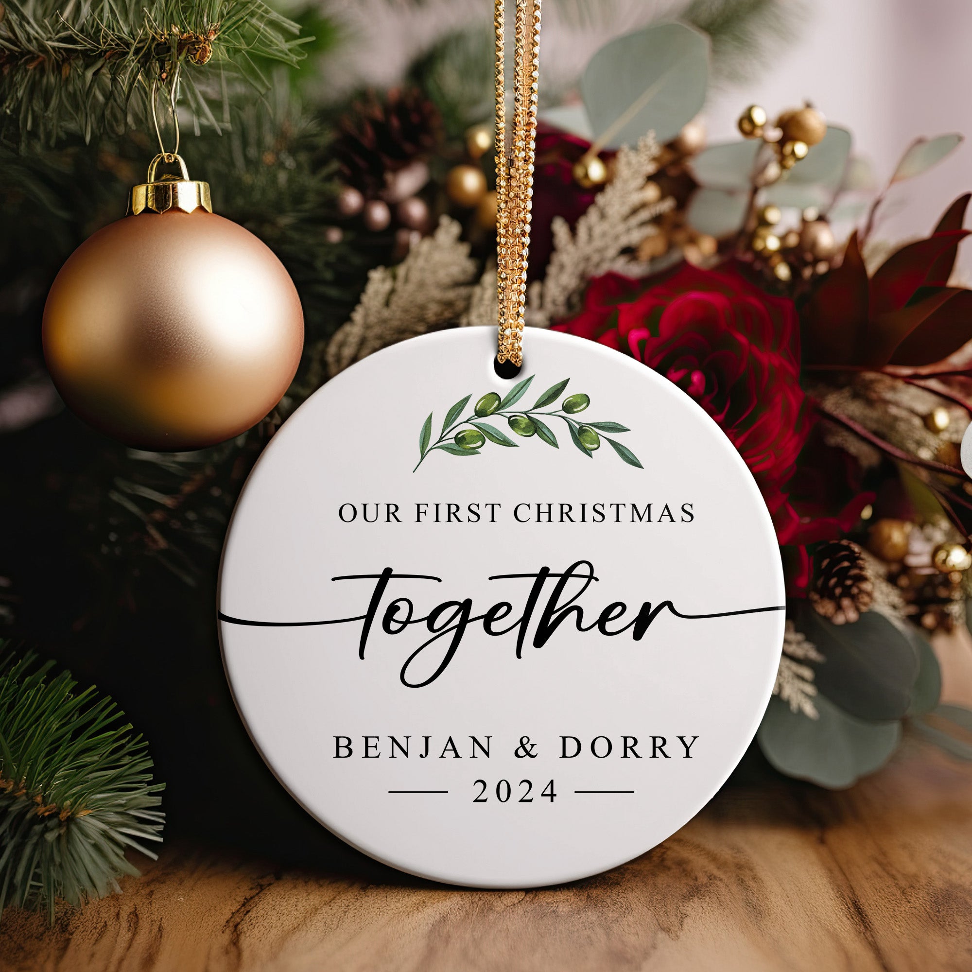 Personalized "Our First Christmas Together" Ceramic Ornament - Custom Couple's Keepsake with Elegant Olive Leaf Design for 2024 - Image 5