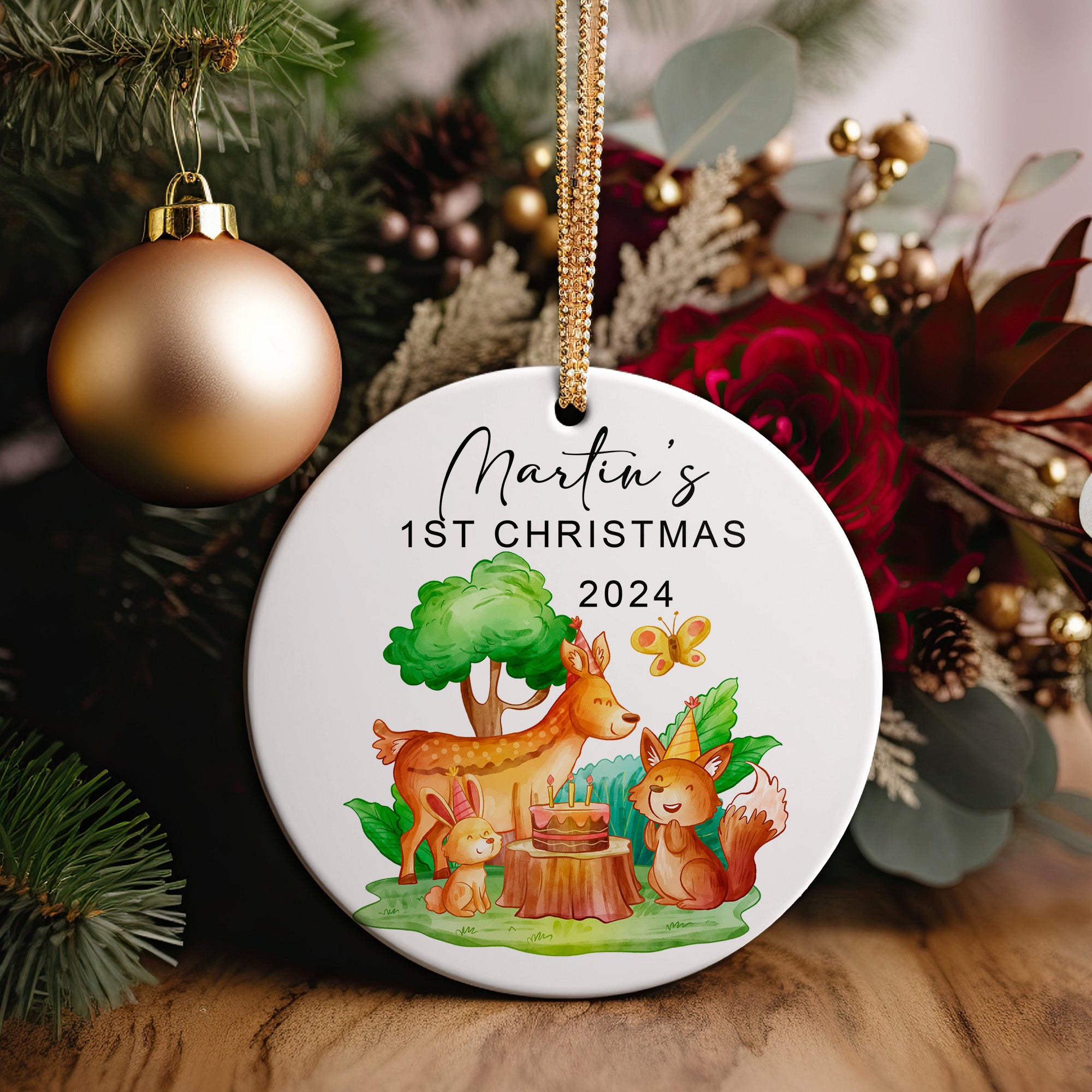 Personalized Baby's First Christmas Ceramic Ornament - Custom Name & Year - Handcrafted Woodland Design Keepsake for 2024 - Image 5