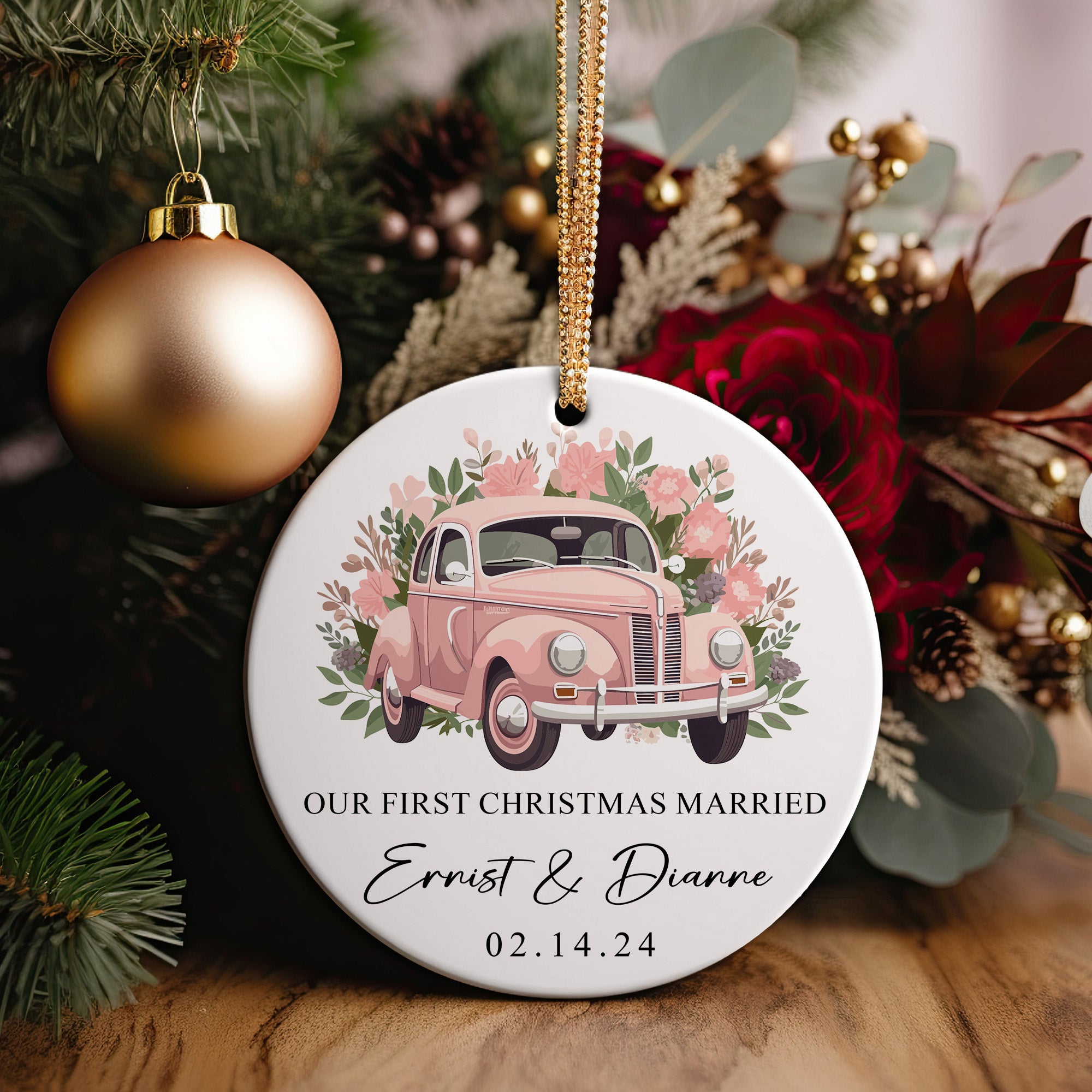 Personalized "Our First Christmas Married" Ceramic Ornament - Vintage Car Design for Newlyweds, Custom Date & Names - Image 5