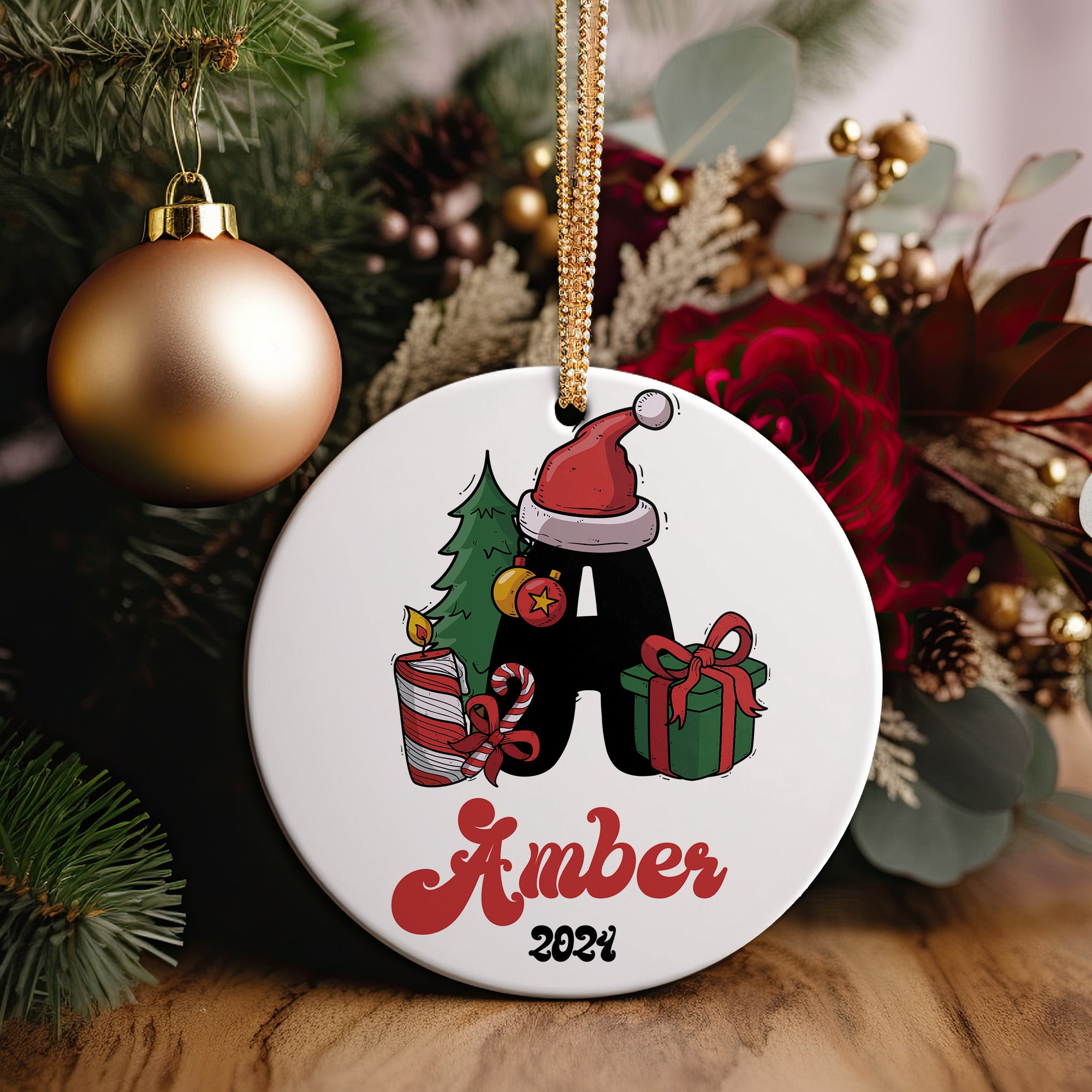 Personalized Christmas Ceramic Ornament with Santa and Gifts - Perfect Holiday Keepsake for Amber 2024 - Image 5