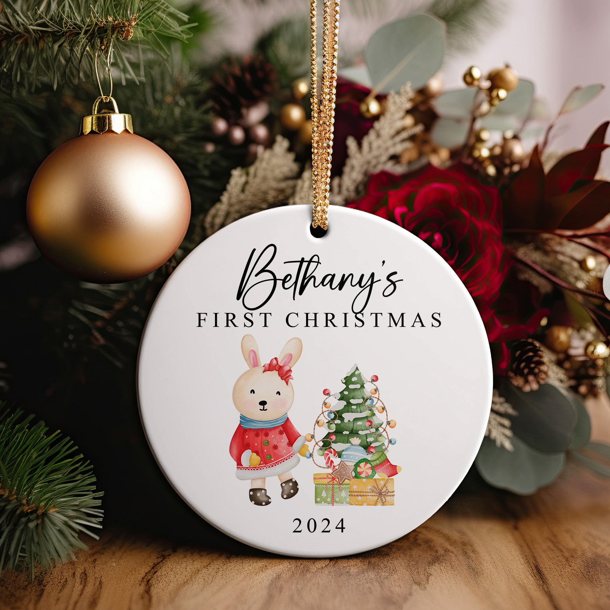 Personalized Baby’s First Christmas Ceramic Ornament – Custom Name Keepsake with Watercolor Bunny & Tree Design – 2024 Holiday Gift - Image 5