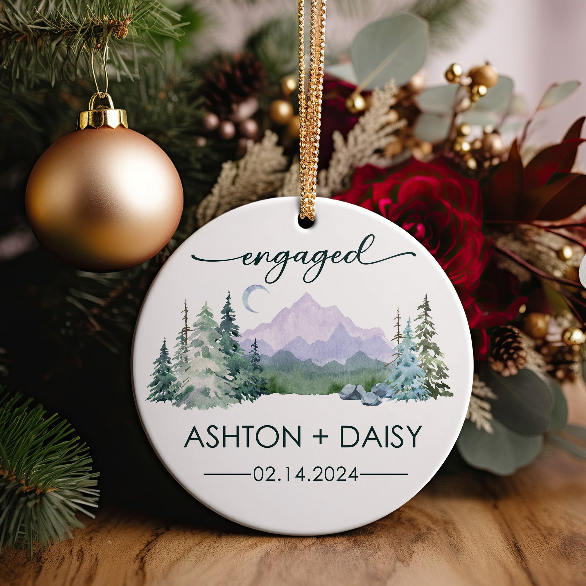 Personalized Engaged Ceramic Ornament – Custom Keepsake for Announcements, Featuring Rustic Mountain Design - Image 5
