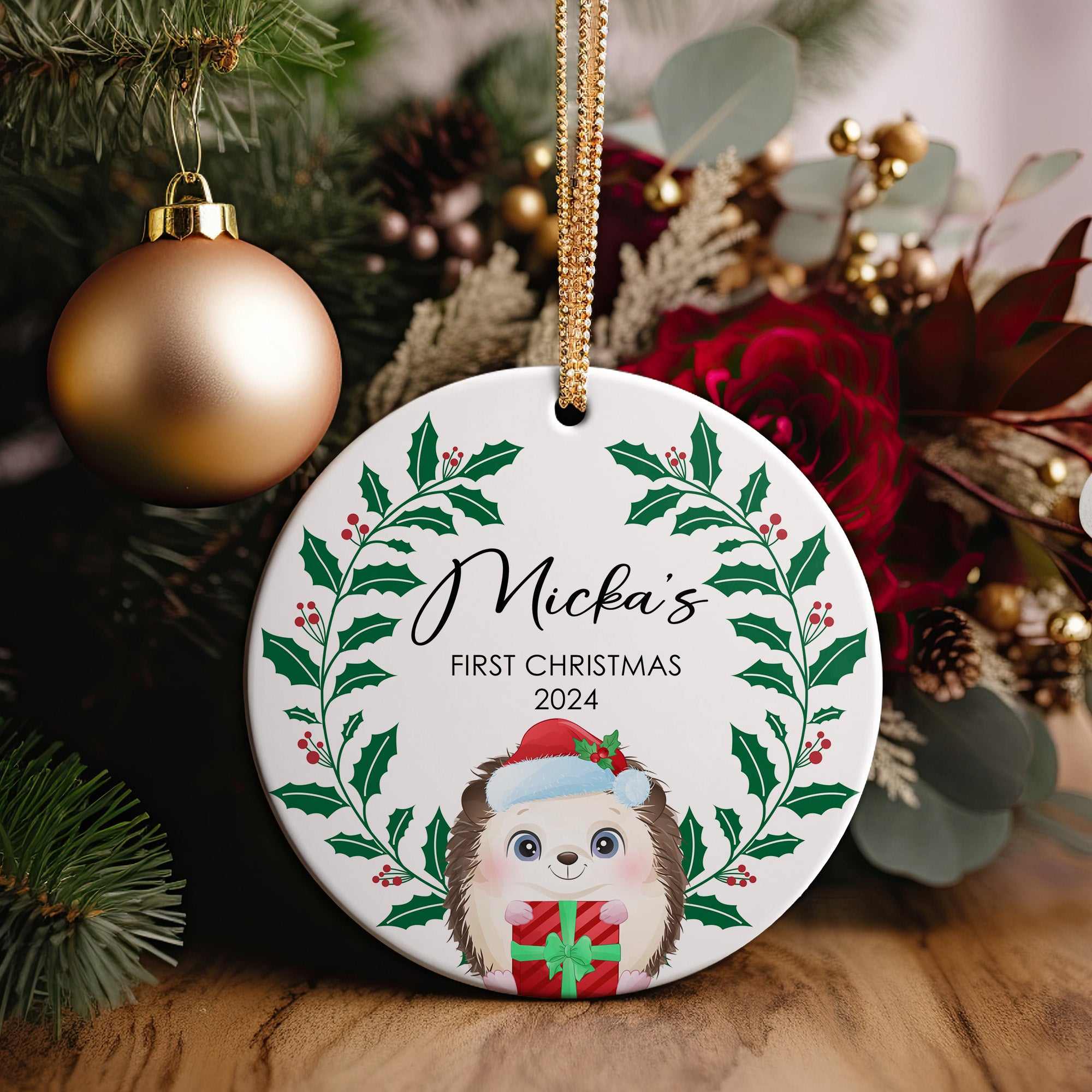Personalized "First Christmas" Ceramic Ornament 2024 - Handcrafted Holly & Hedgehog Design - Image 5