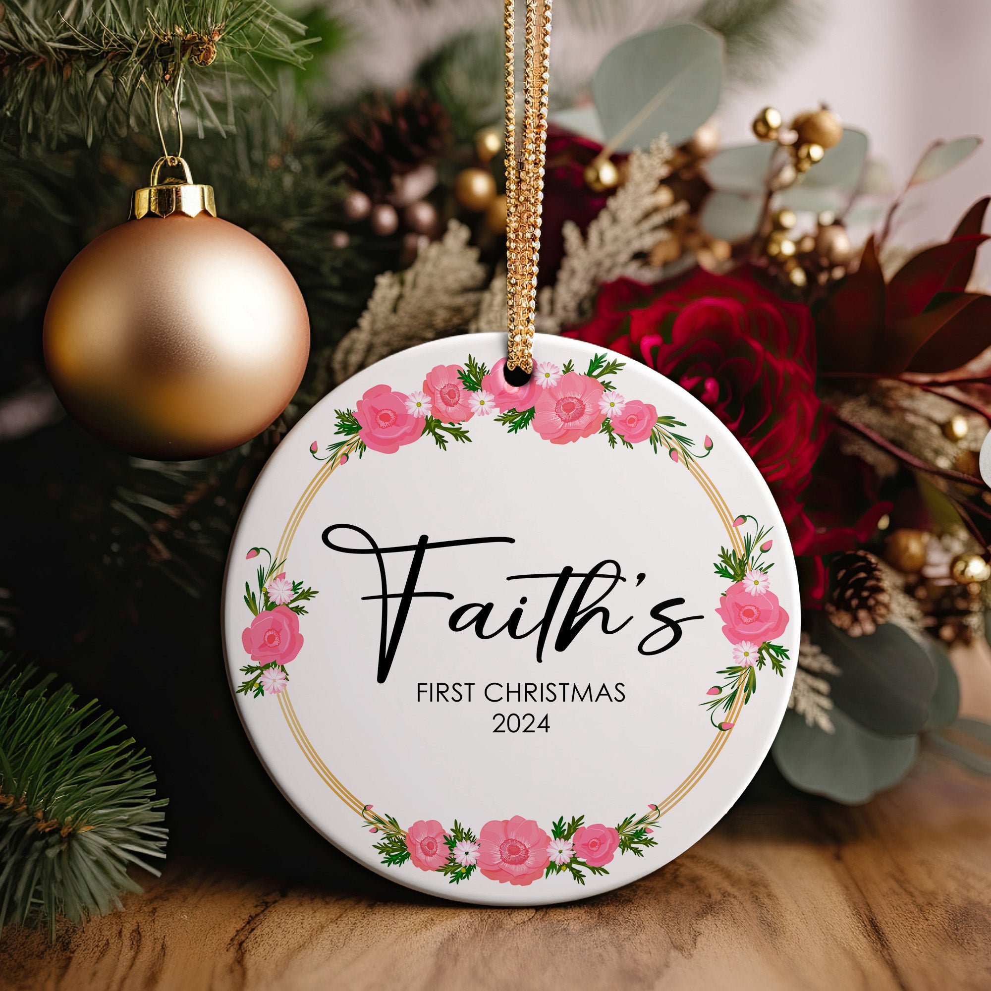 Personalized "Faith's First Christmas 2024" Ceramic Ornament with Pink Floral Design – Perfect Keepsake Gift for Newborns - Image 5