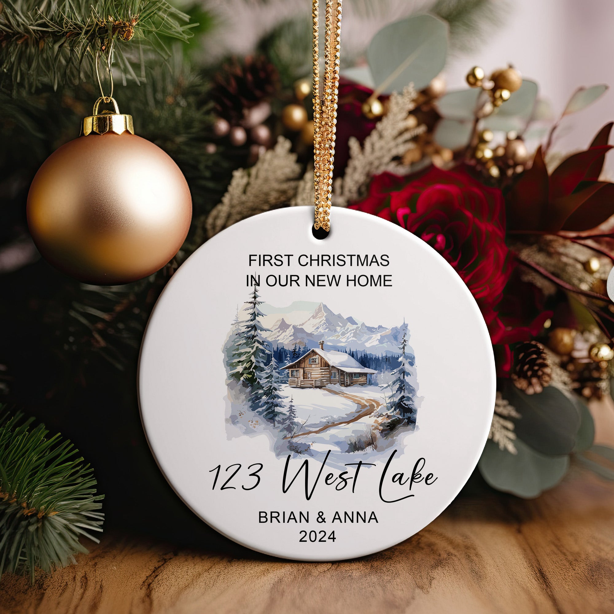 Personalized First Christmas in New Home Ceramic Ornament – Elegant Winter Cabin Design, Custom Names & Address, Heartfelt Keepsake for New Homeowners - Image 5