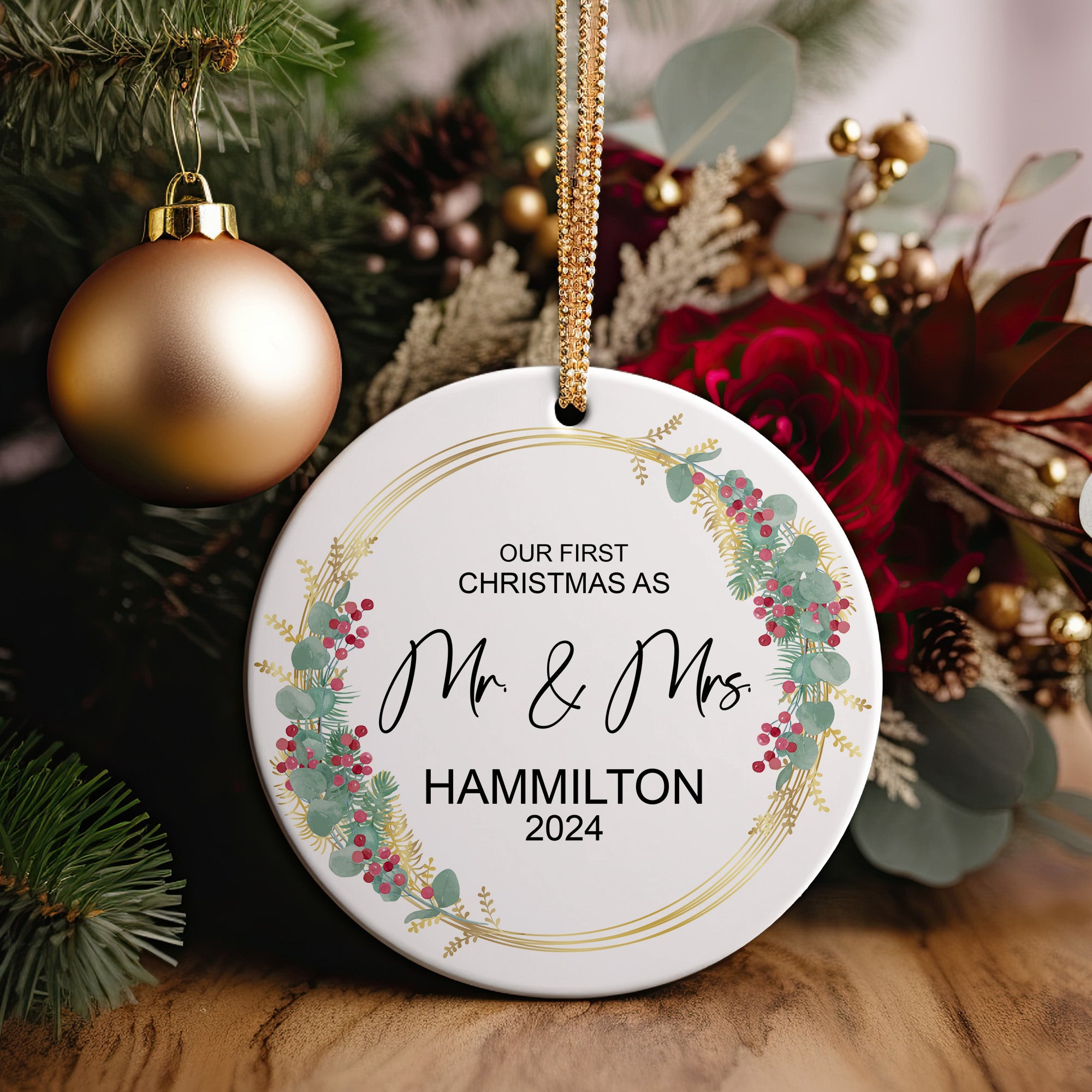 Personalized First Christmas as Mr. & Mrs. Ceramic Ornament - Custom Wedding Keepsake 2024 - Image 5