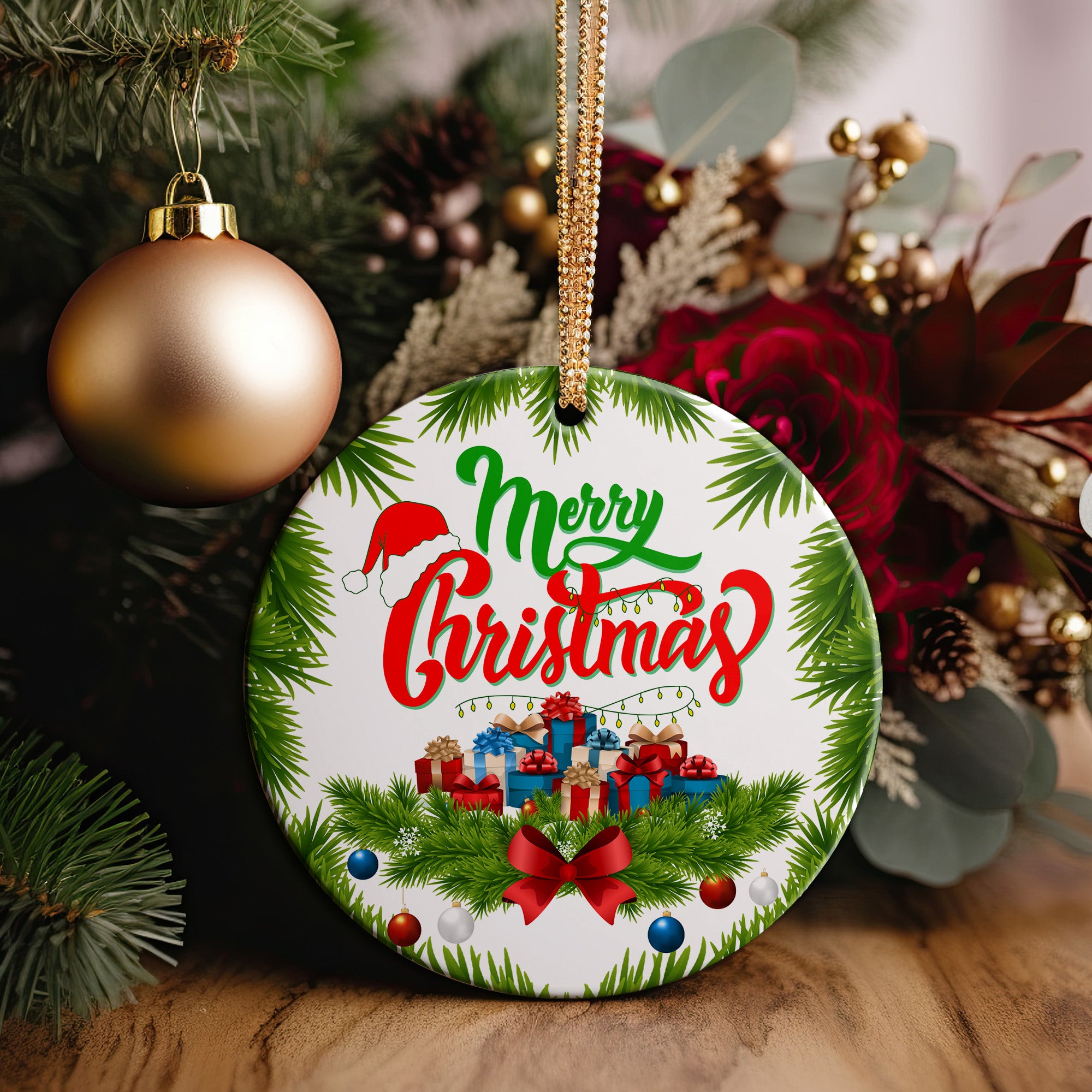 Personalized Merry Christmas Ceramic Ornament – Handcrafted Holiday Decor with Gift Imagery and Customization Options - Image 5