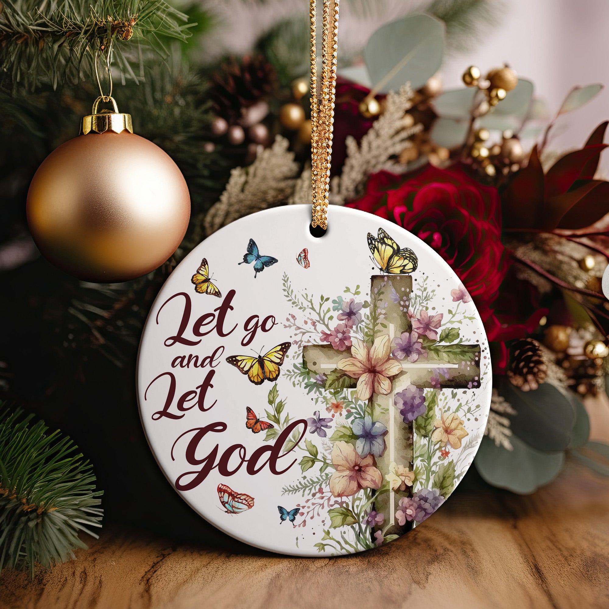 Personalized Floral Cross Ceramic Ornament – Inspirational "Let Go and Let God" with Butterflies – Perfect Gift for Spiritual Support and Home Decor - Image 5