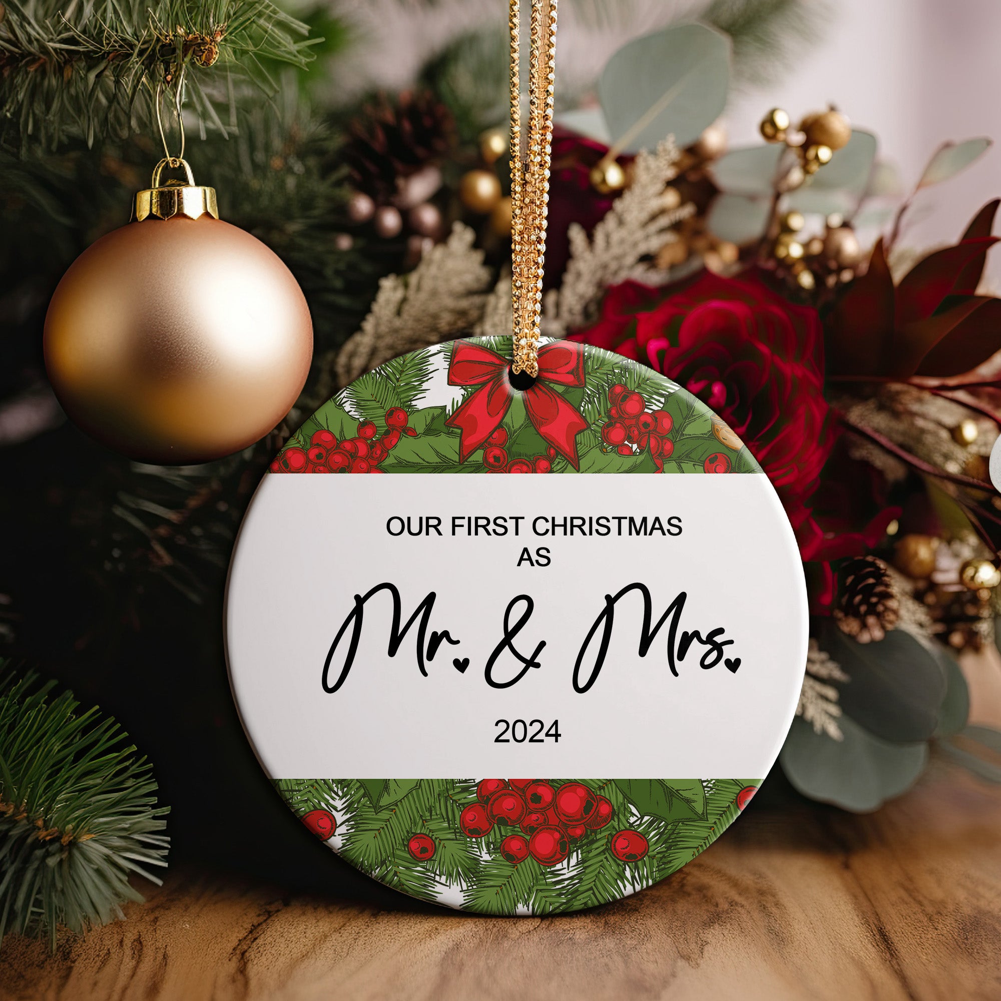 Personalized "Our First Christmas as Mr. & Mrs." 2024 Ceramic Ornament – Customizable Keepsake for Newlyweds - Image 5