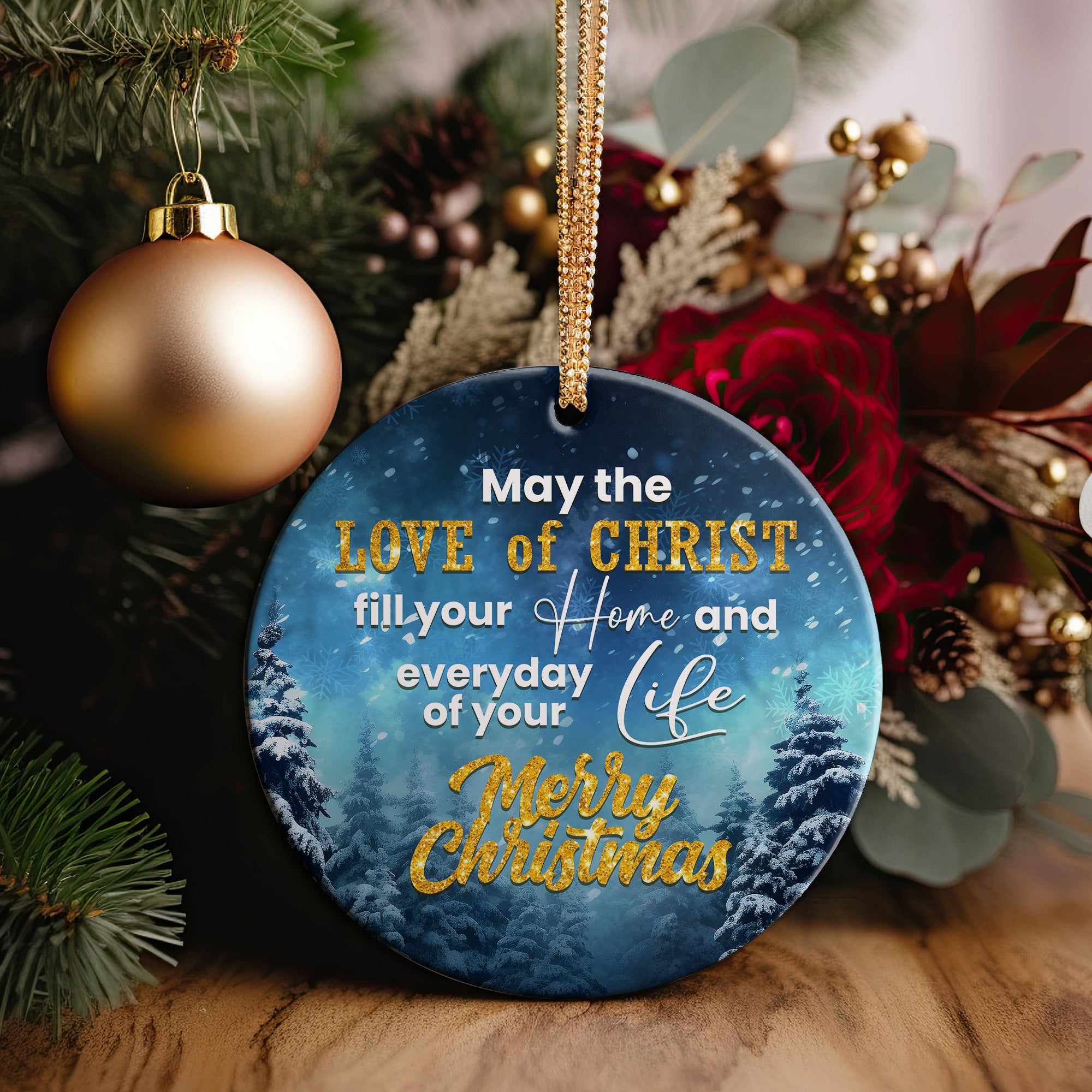 Personalized Ceramic Christmas Ornament - "Love of Christ" Design, Snowy Forest Scene, Perfect Gift for Family Celebrations - Image 5