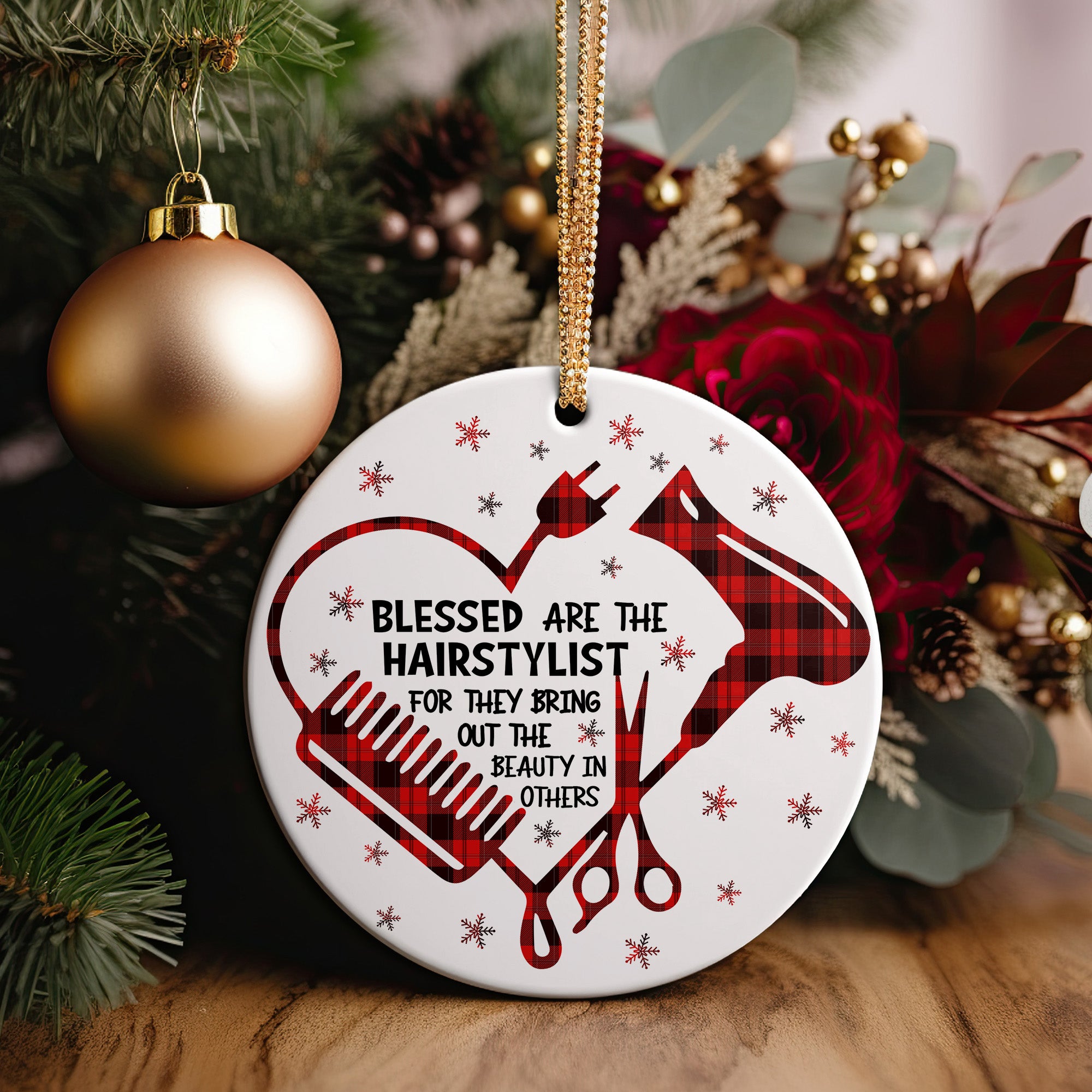 Custom Hairstylist Ceramic Ornament – Handcrafted Heart Design with Red Plaid Accents, Perfect Holiday Gift for Hair Professionals - Image 5