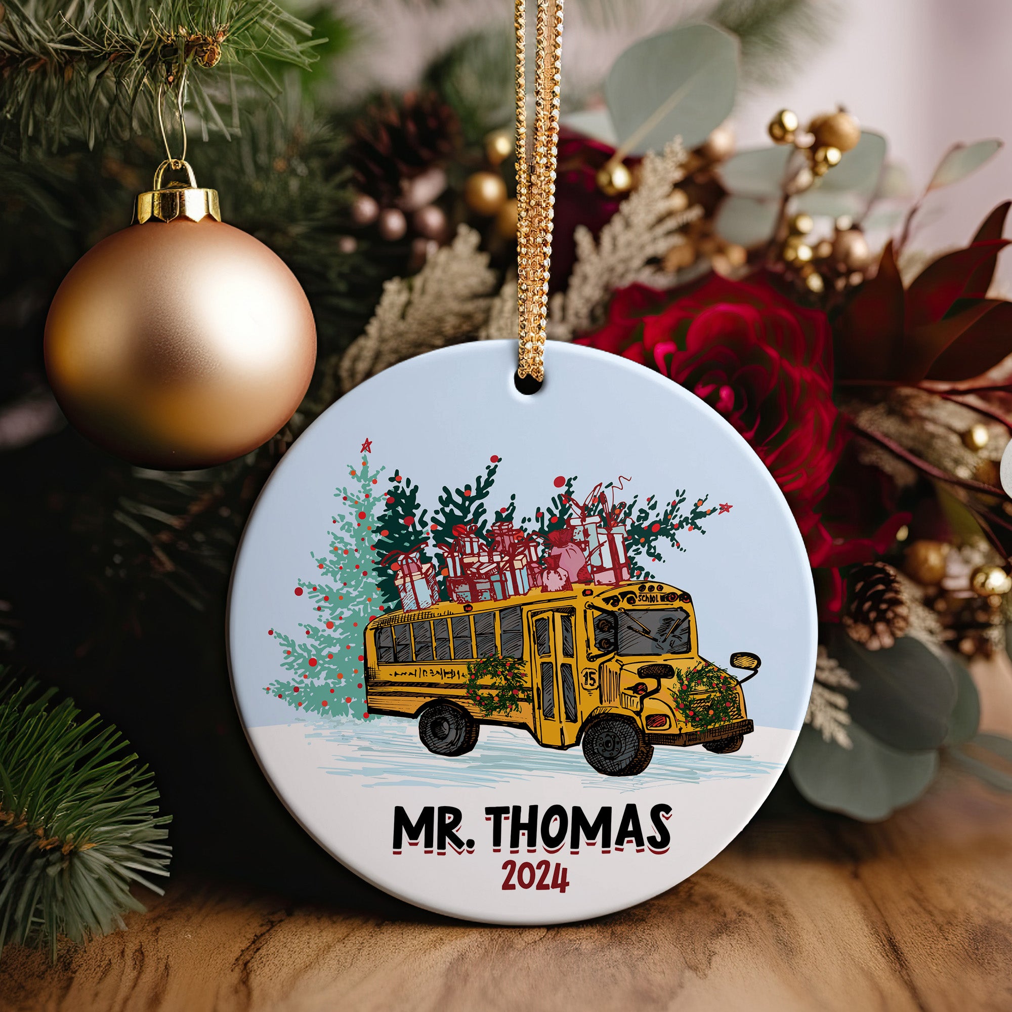 Personalized Ceramic Christmas Ornament with School Bus Design – Custom Teacher Gift 2024 – Unique Holiday Keepsake - Image 5