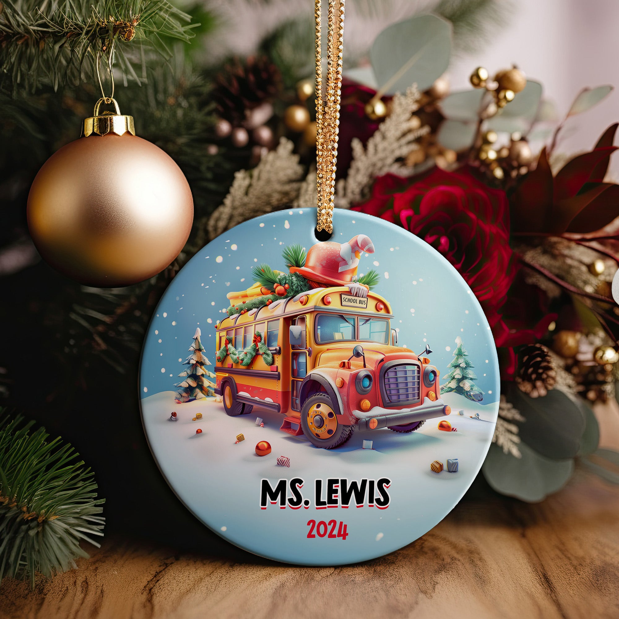 Personalized School Bus Christmas Ornament 2024 - Custom Ceramic Holiday Gift for Teachers - Image 5