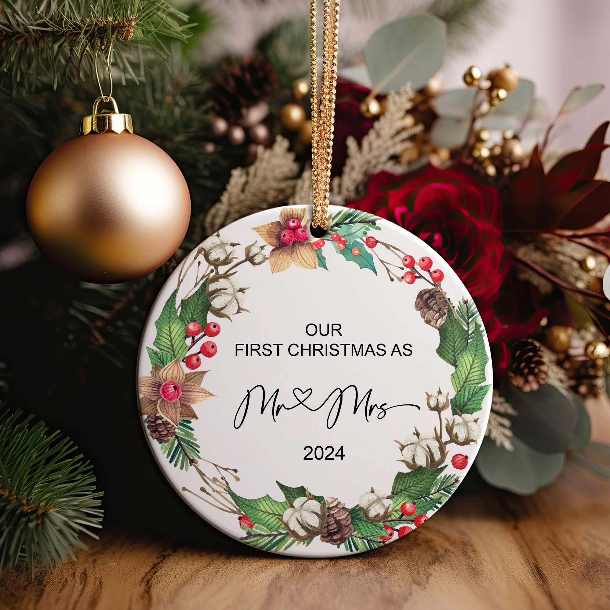 "Personalized 'Our First Christmas as Mr & Mrs' Ceramic Ornament – Custom Wedding Gift Keepsake for 2024 Holidays" - Image 5