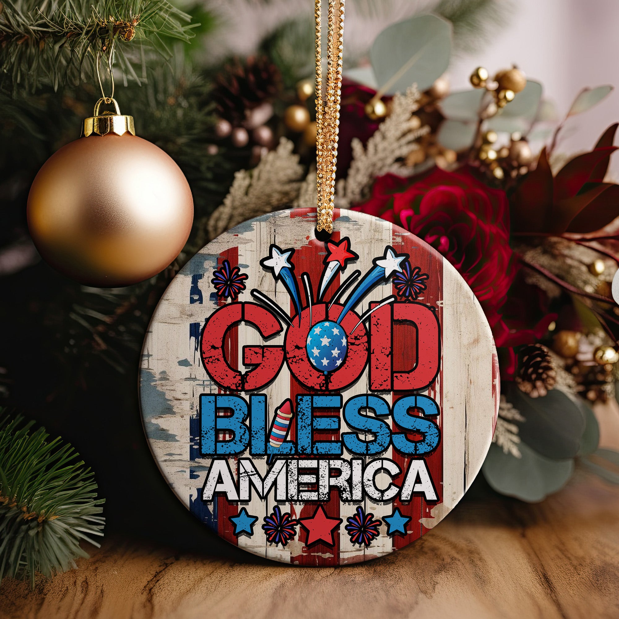 Personalized "God Bless America" Ceramic Ornament – Rustic Patriotic Decor with Custom Text for Holidays and Celebrations - Image 5