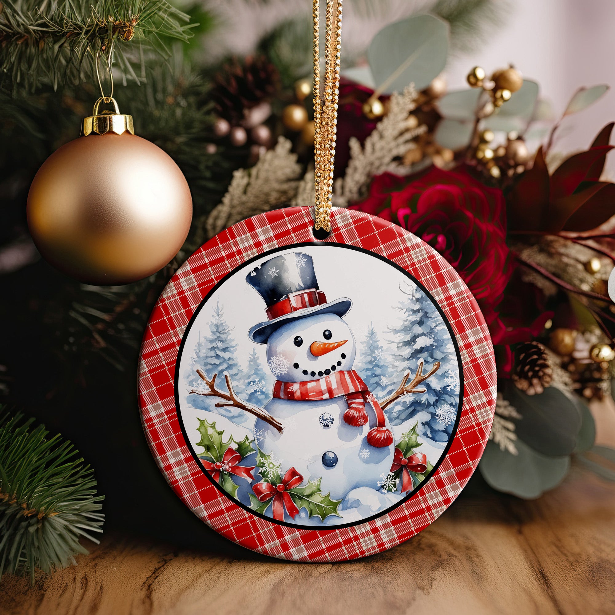 Personalized Snowman Ceramic Ornament - Customizable Holiday Keepsake with Festive Plaid Design - Image 5