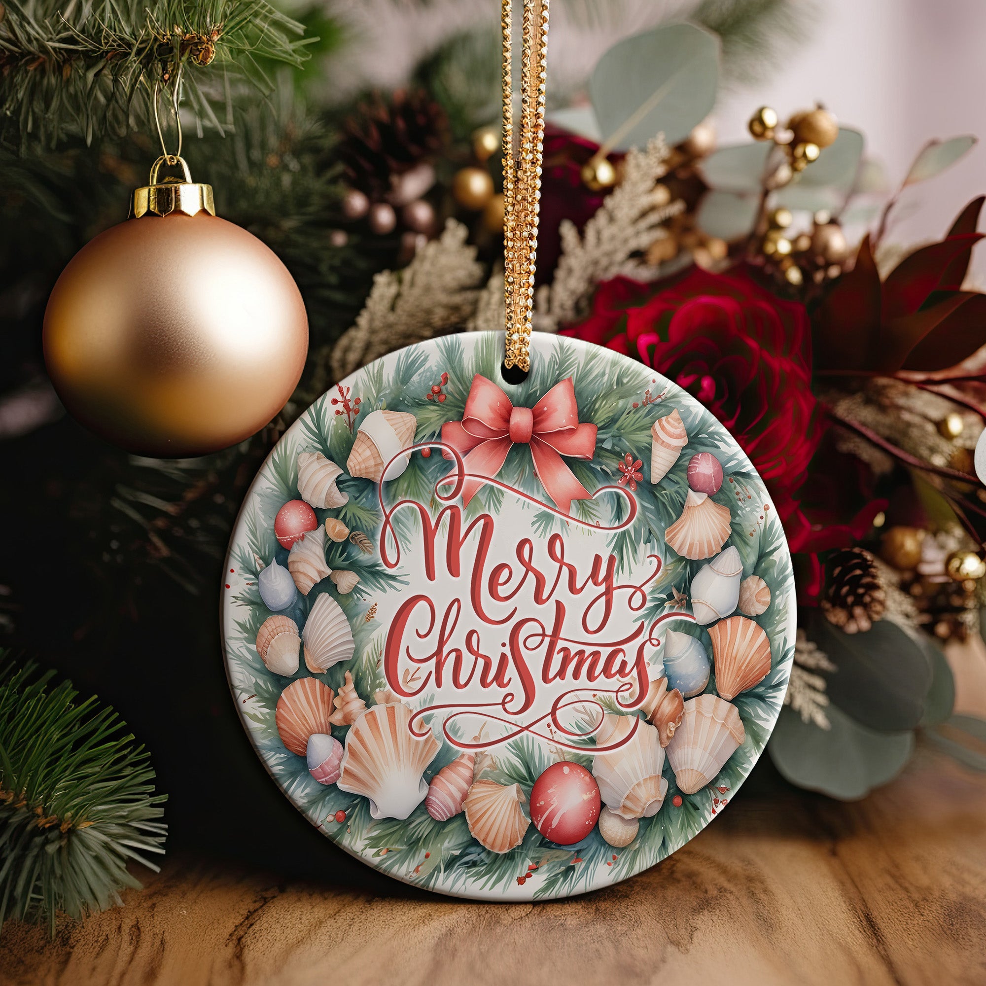 Personalized Merry Christmas Ceramic Ornament – Ocean Inspired Seashell Wreath with Festive Holiday Greeting - Image 5
