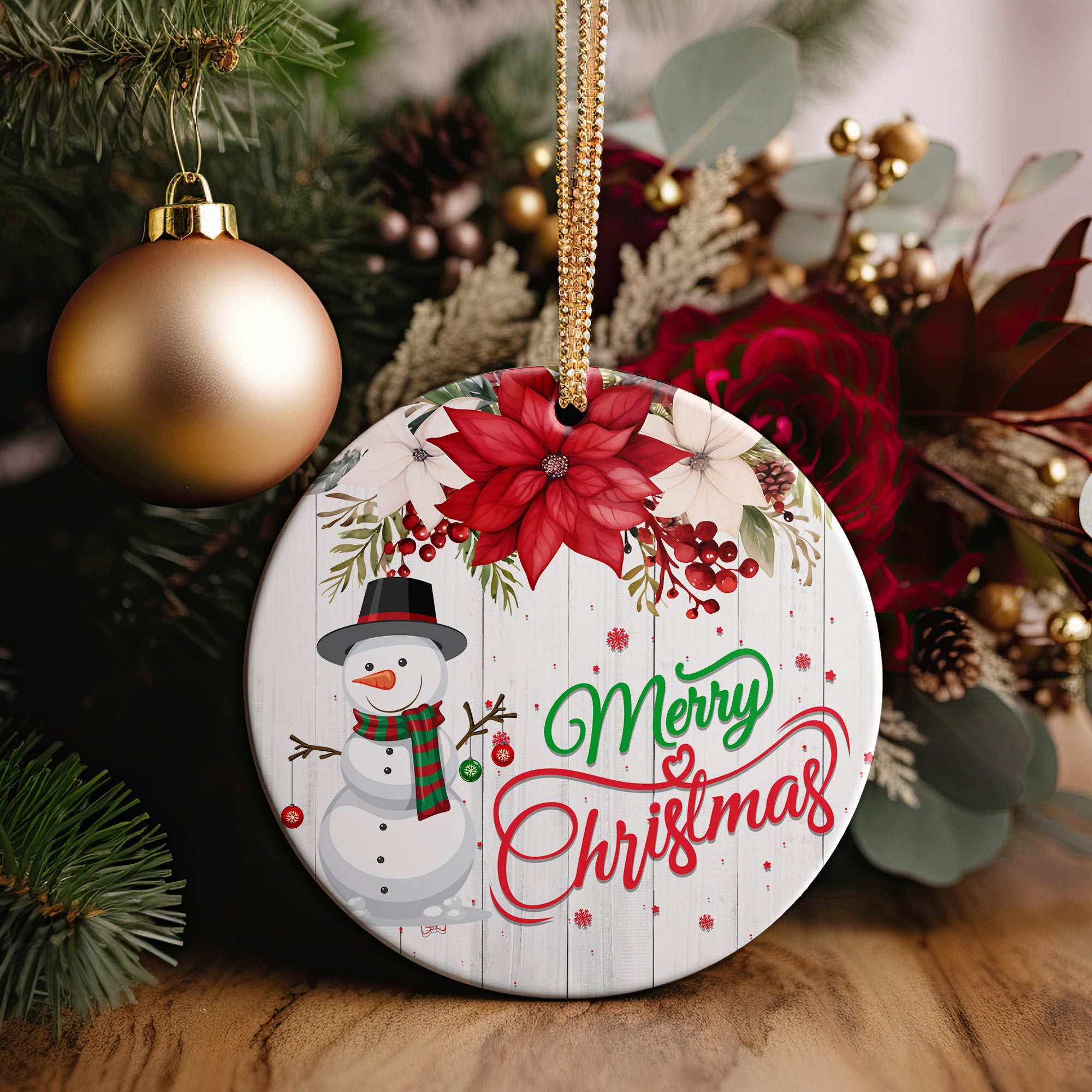 Personalized Merry Christmas Ceramic Ornament with Snowman and Poinsettia - Custom Holiday Decoration - Image 5