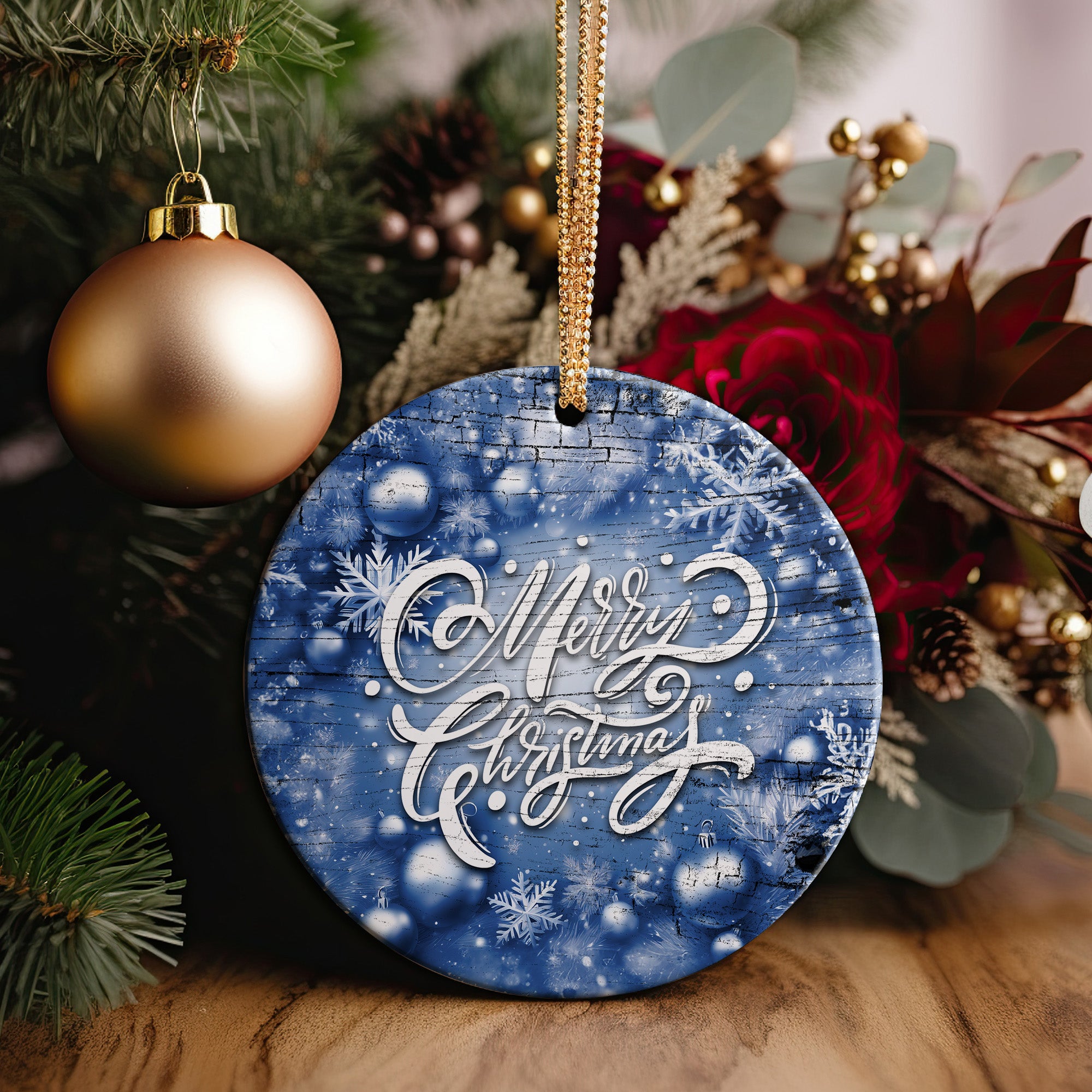 Personalized Blue Rustic Christmas Ornament - Handcrafted Ceramic with Elegant Script & Snowflake Design for Special Holiday Memories - Image 5