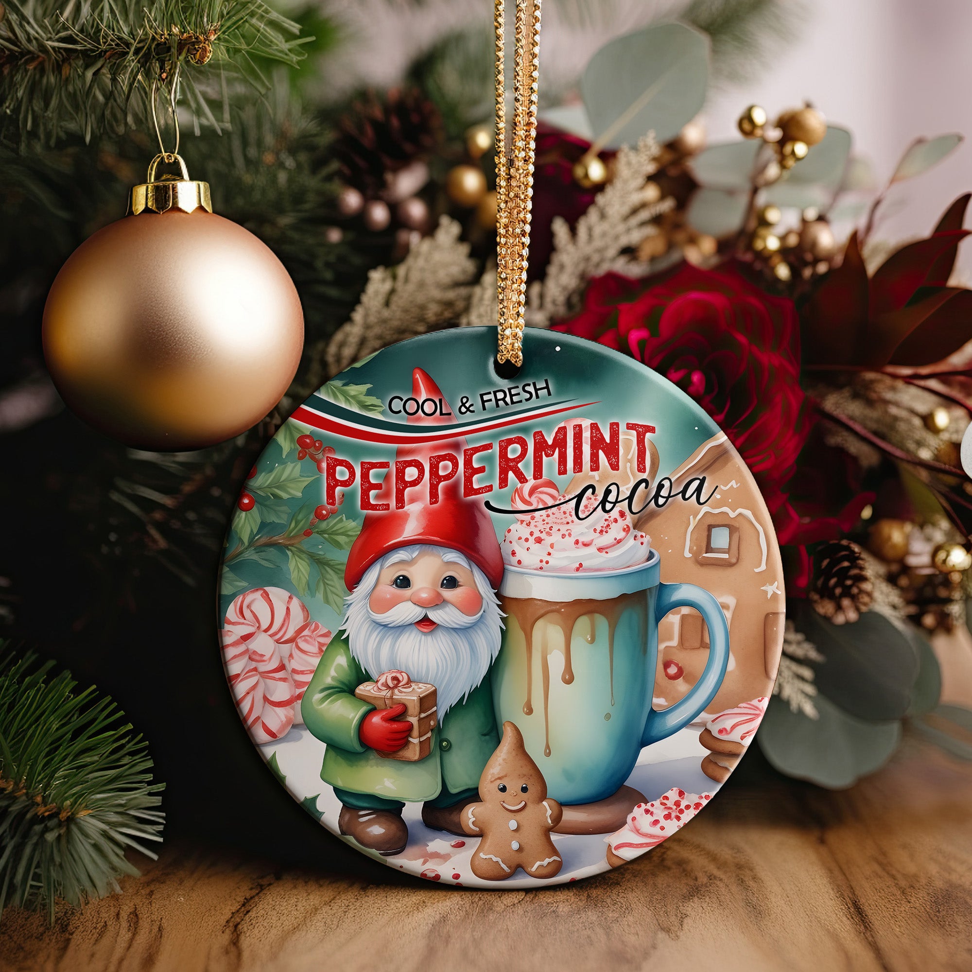 Personalized Peppermint Cocoa Christmas Ornament – Handmade Ceramic Gift with Festive Gnome Design - Image 5