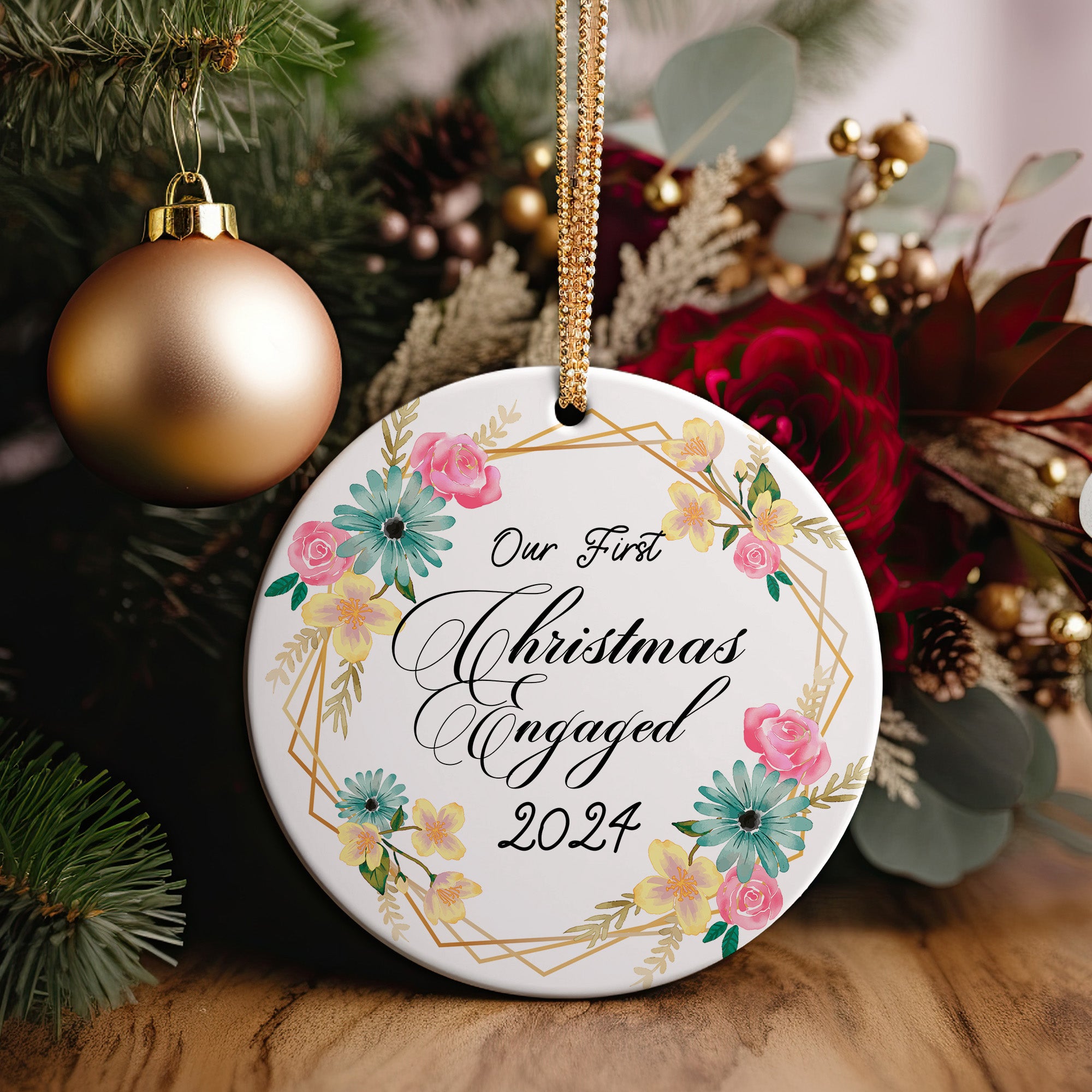 Personalized "Our First Christmas Engaged 2024" Ceramic Ornament - Handmade Floral Decor Keepsake - Image 5