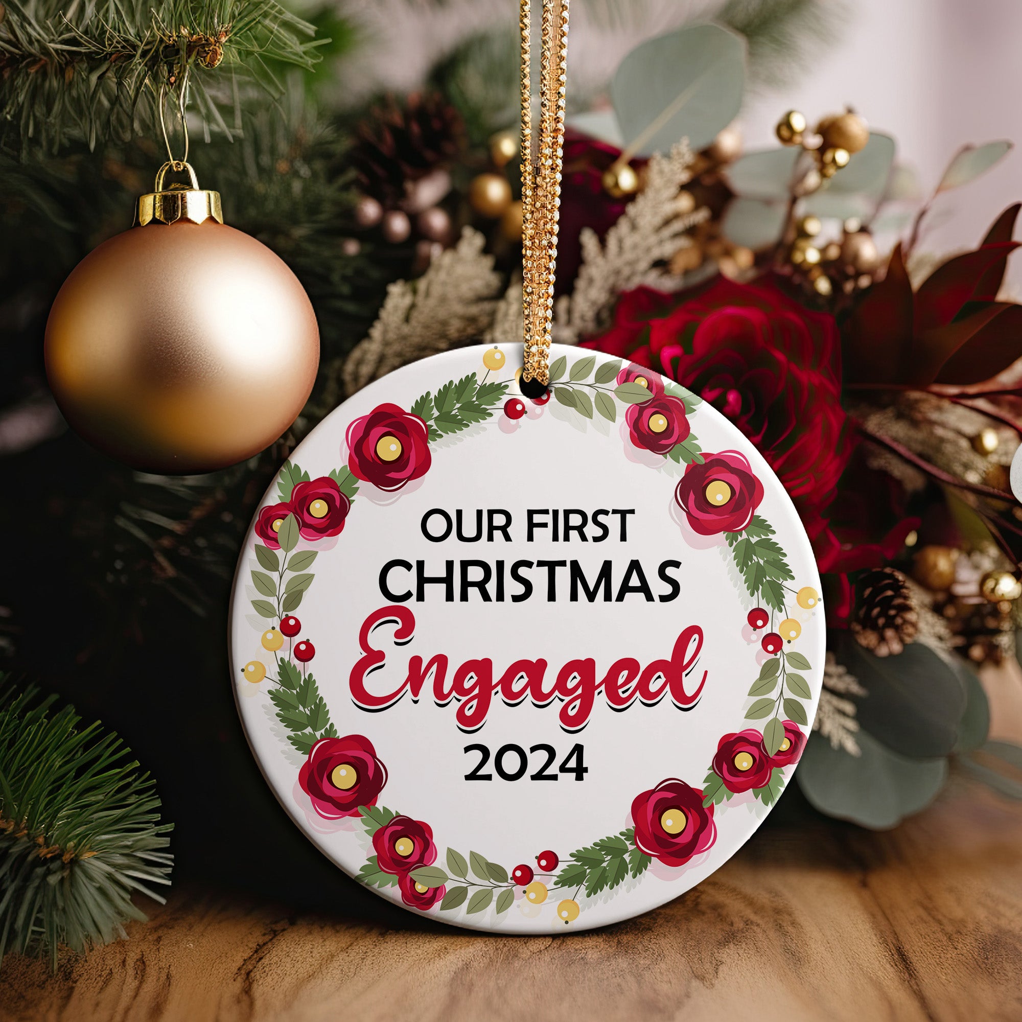 Personalized "Our First Christmas Engaged" Floral Ornament 2024 - Handcrafted Ceramic Keepsake for Couples - Image 5