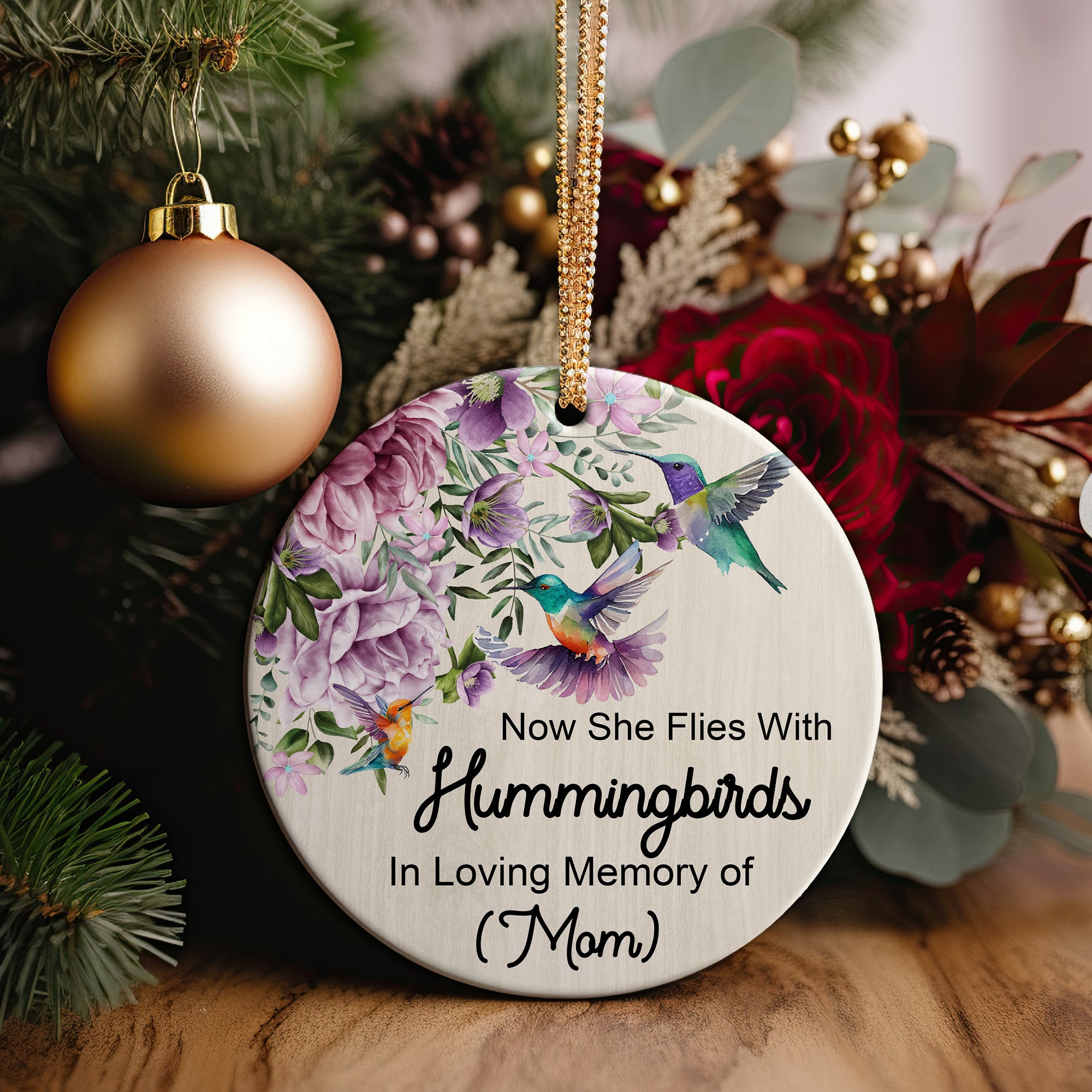 Personalized Memorial Ceramic Ornament with Hummingbirds and Florals - Tribute to Mom, Customizable Gift for Mother's Memory - Image 5