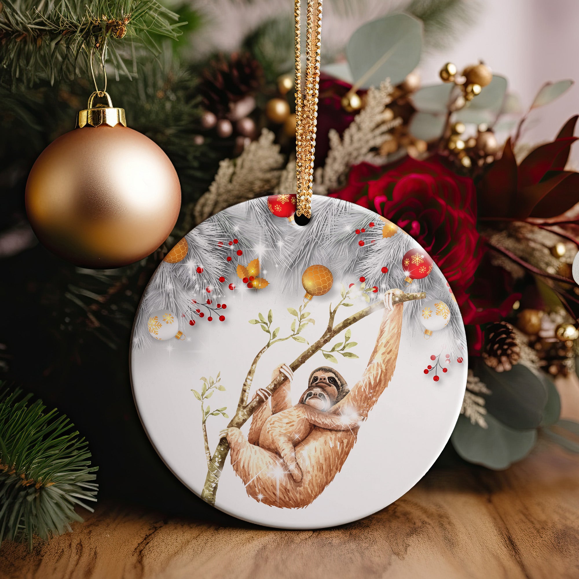 Personalized Sloth Christmas Ornament – Handcrafted Ceramic Keepsake with Beautiful Festive Detailing - Image 5