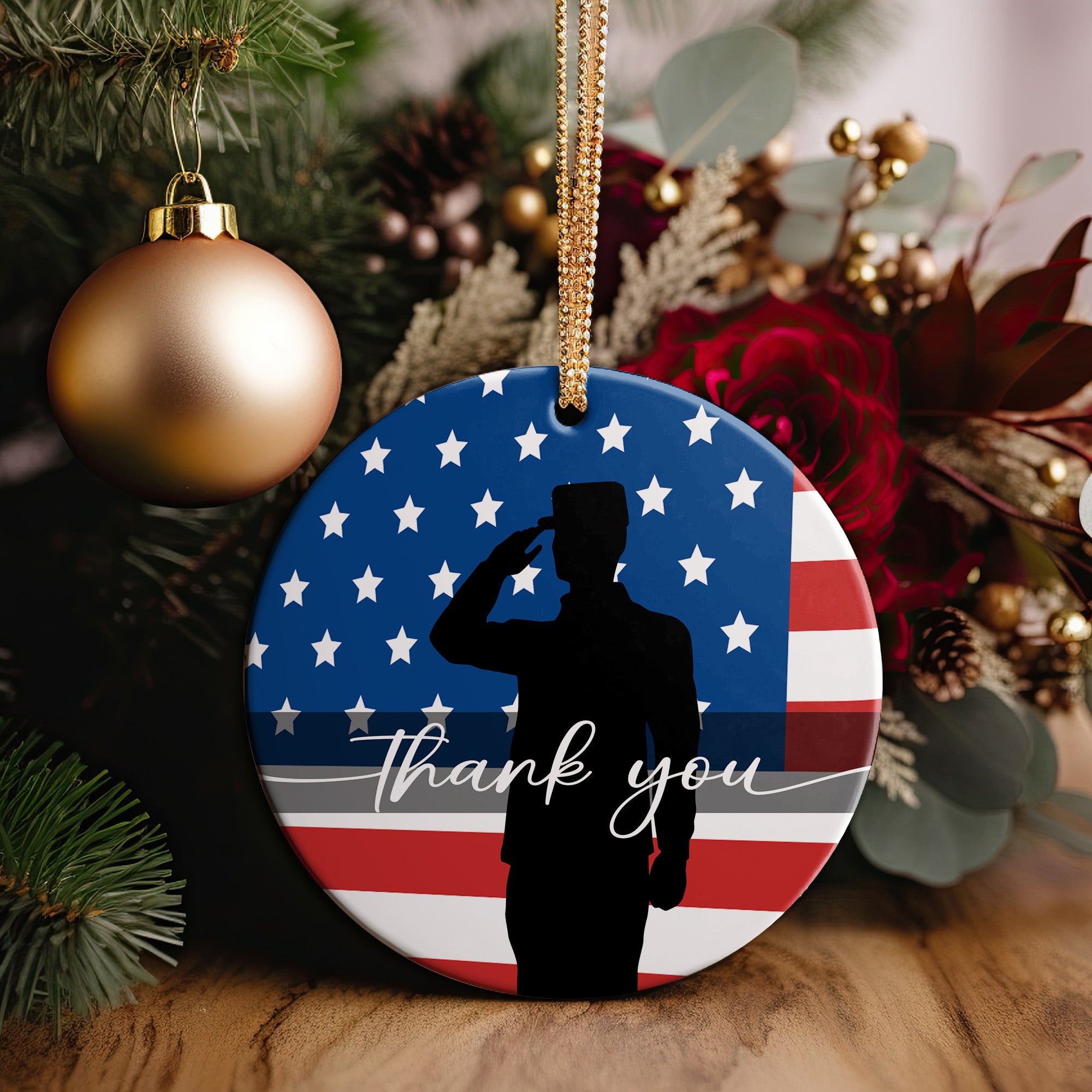 Personalized Patriotic Ceramic Ornament - Handmade USA Flag Design with Soldier Silhouette and Thank You Message - Perfect Veterans Day Gift - Image 5