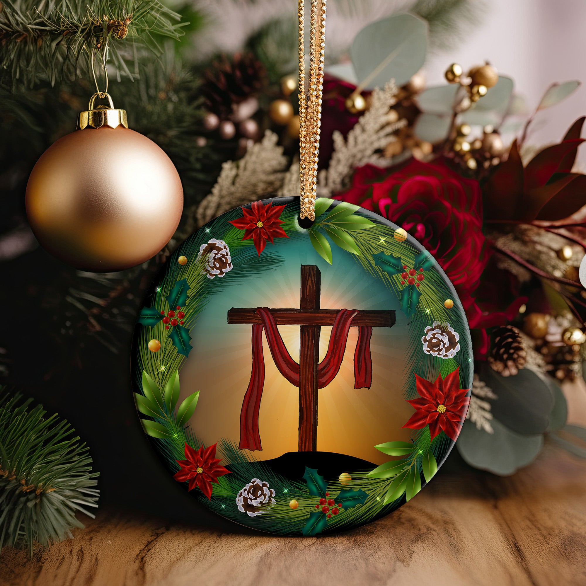 Personalized Radiant Cross Ceramic Ornament with Seasonal Wreath Design – Perfect Custom Gift for Faithful Celebrations - Image 5