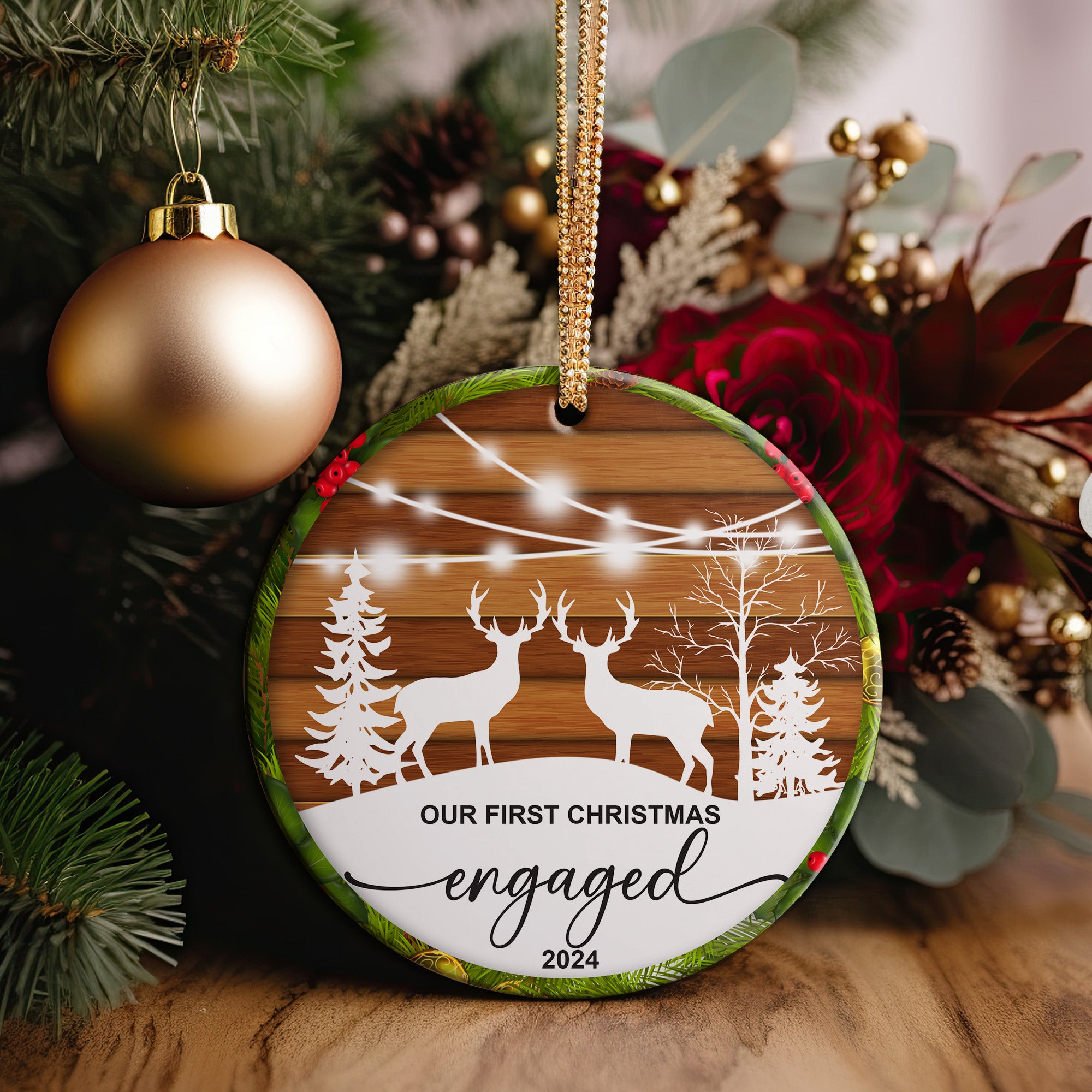 Personalized "Our First Christmas Engaged" Ceramic Ornament 2024 - Customizable Gift for Couples - Image 5