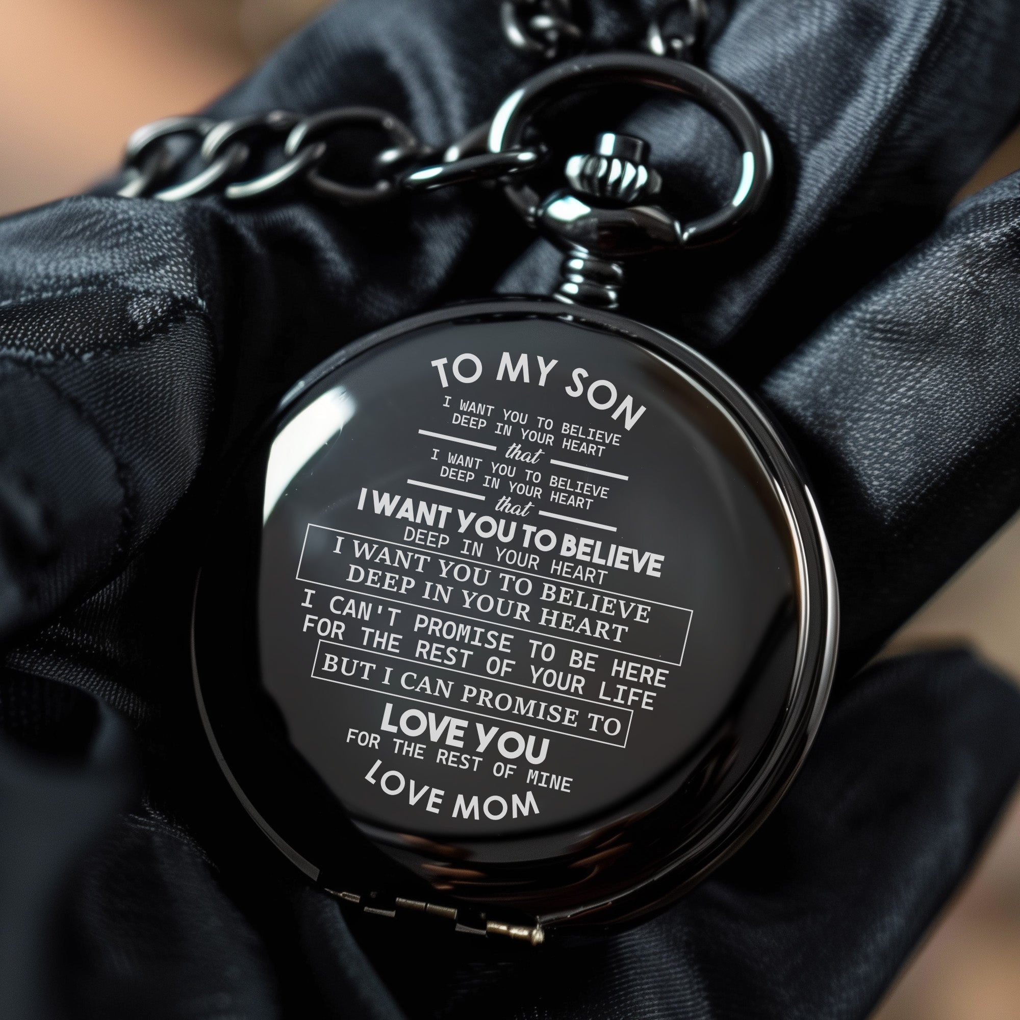 Personalized Engraved Pocket Watch for Son - Timeless Gift from Mom with Heartfelt Message - Image 5