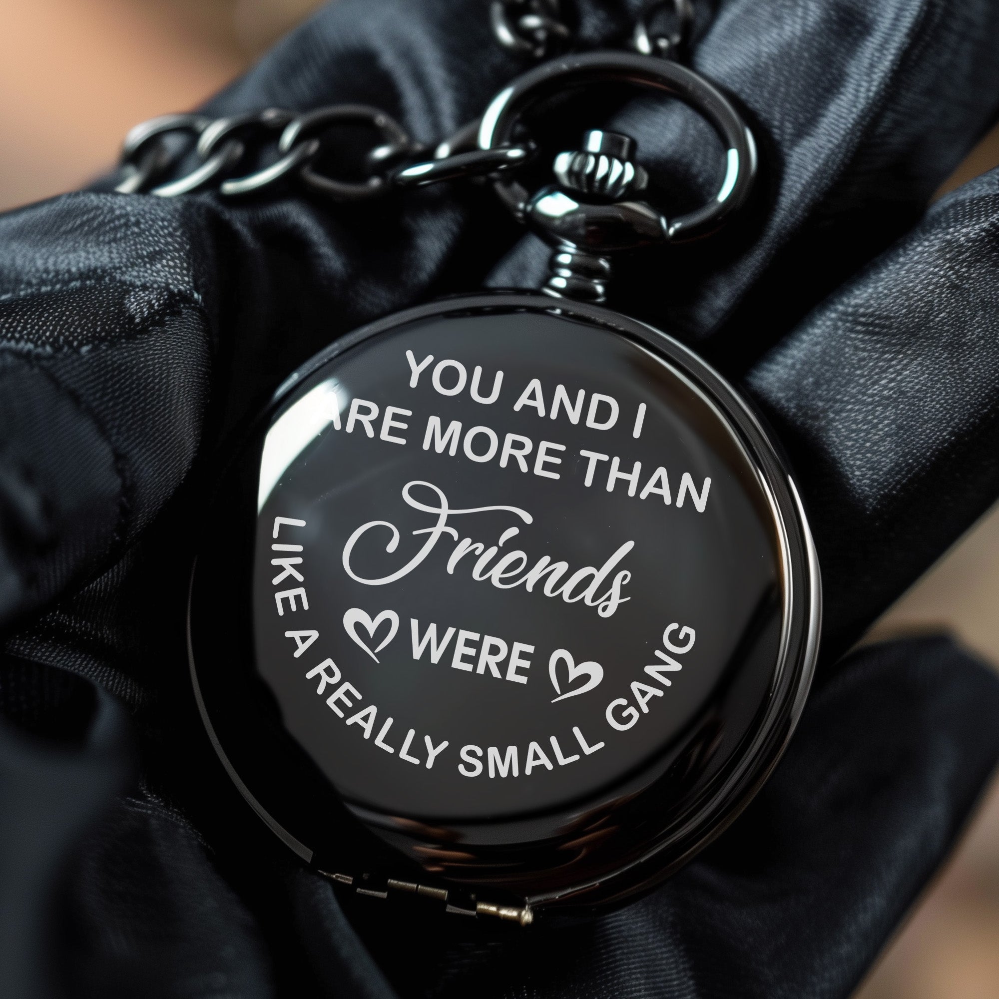 Personalized Black Pocket Watch - "More Than Friends" Engraving - Perfect Gift for Best Friends, Siblings, Partners - Image 5