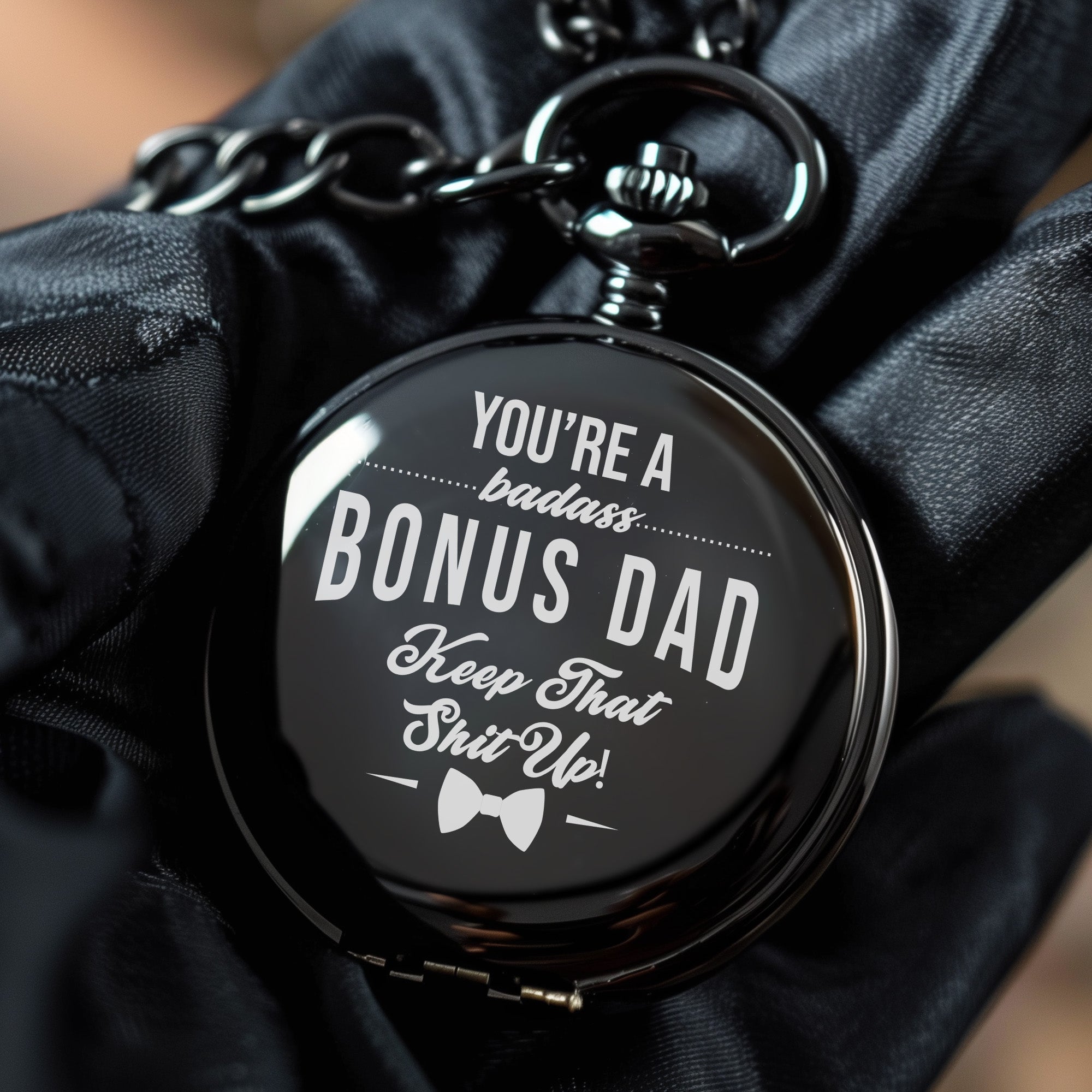 Personalized Black Pocket Watch for Bonus Dad - Engraved Gift with Heartfelt Message - Image 5