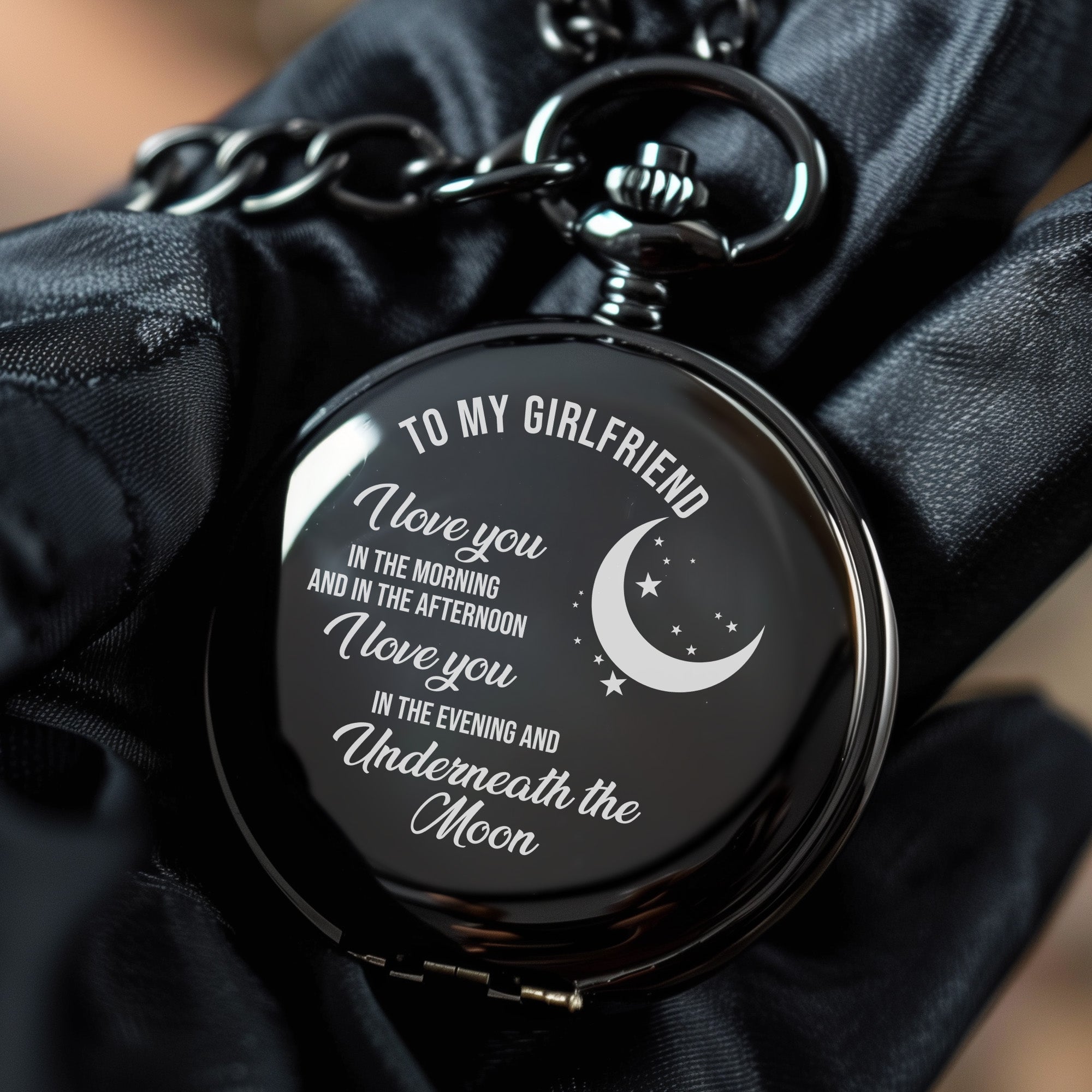 Personalized Engraved Pocket Watch for Girlfriend with Romantic Moon & Stars Design - Image 5