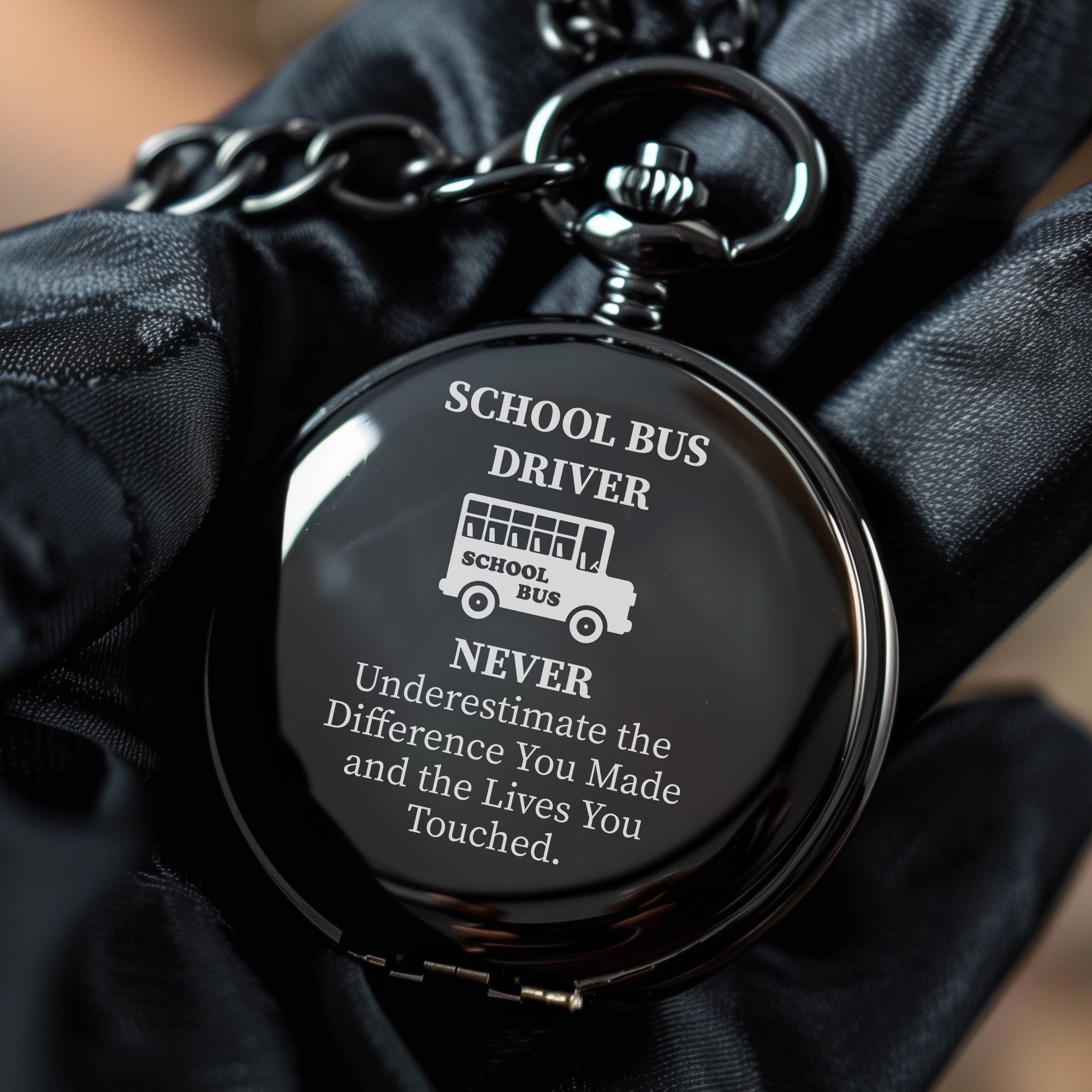 Personalized School Bus Driver Pocket Watch – Elegant Black Finish with Heartfelt Engraving for Appreciation & Retirement Gifts - Image 5
