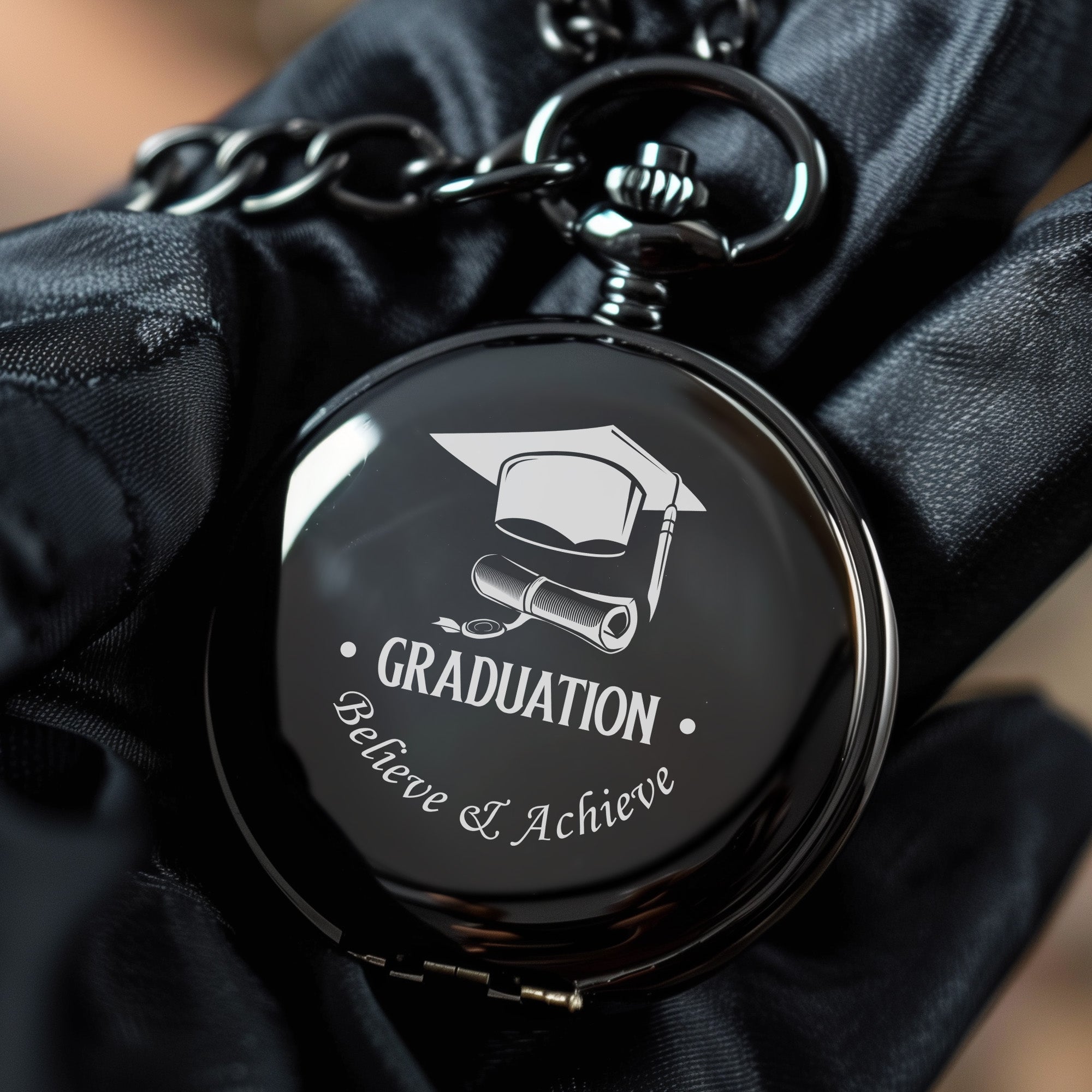 Personalized Graduation Pocket Watch - Elegant Black Finish with Custom Engraving - Perfect Graduation Gift for Him or Her - Image 5