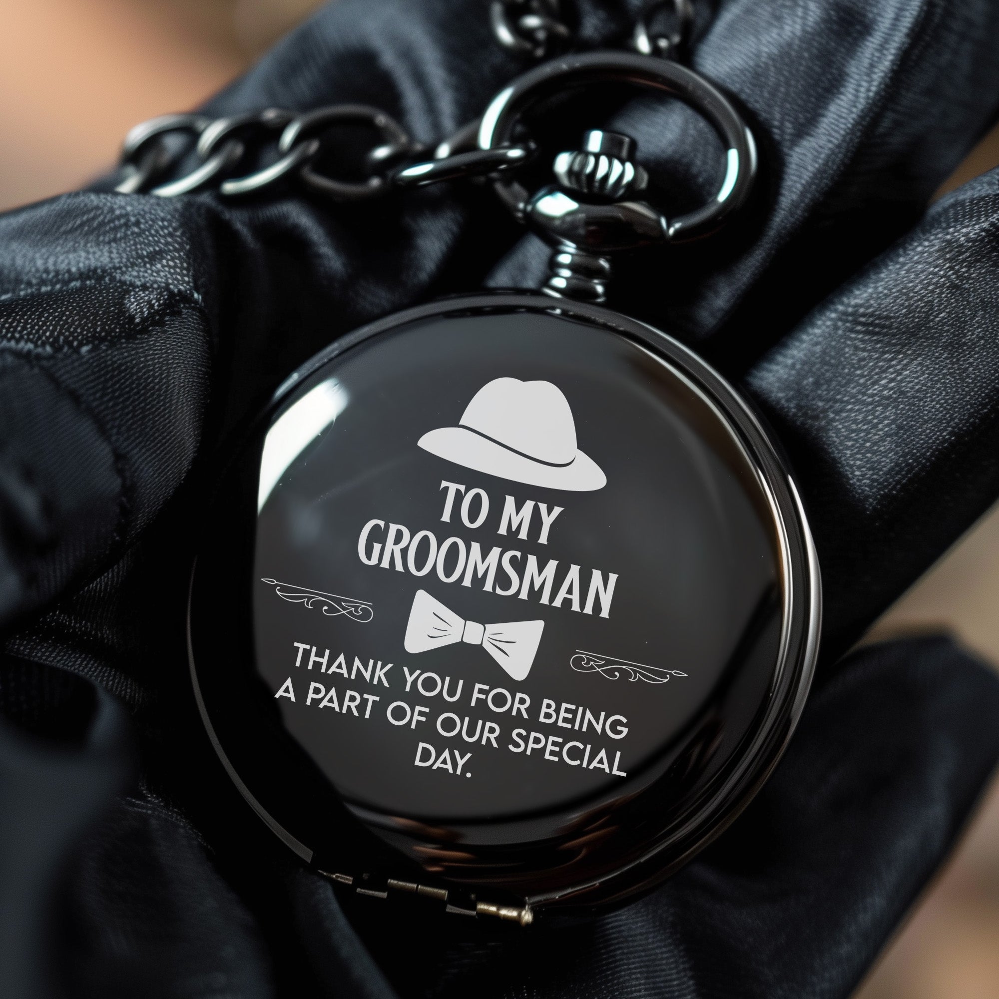 Personalized Groomsman Pocket Watch - Elegant Black Finish with Custom Engraving Option - Perfect Wedding Party Gift - Image 5