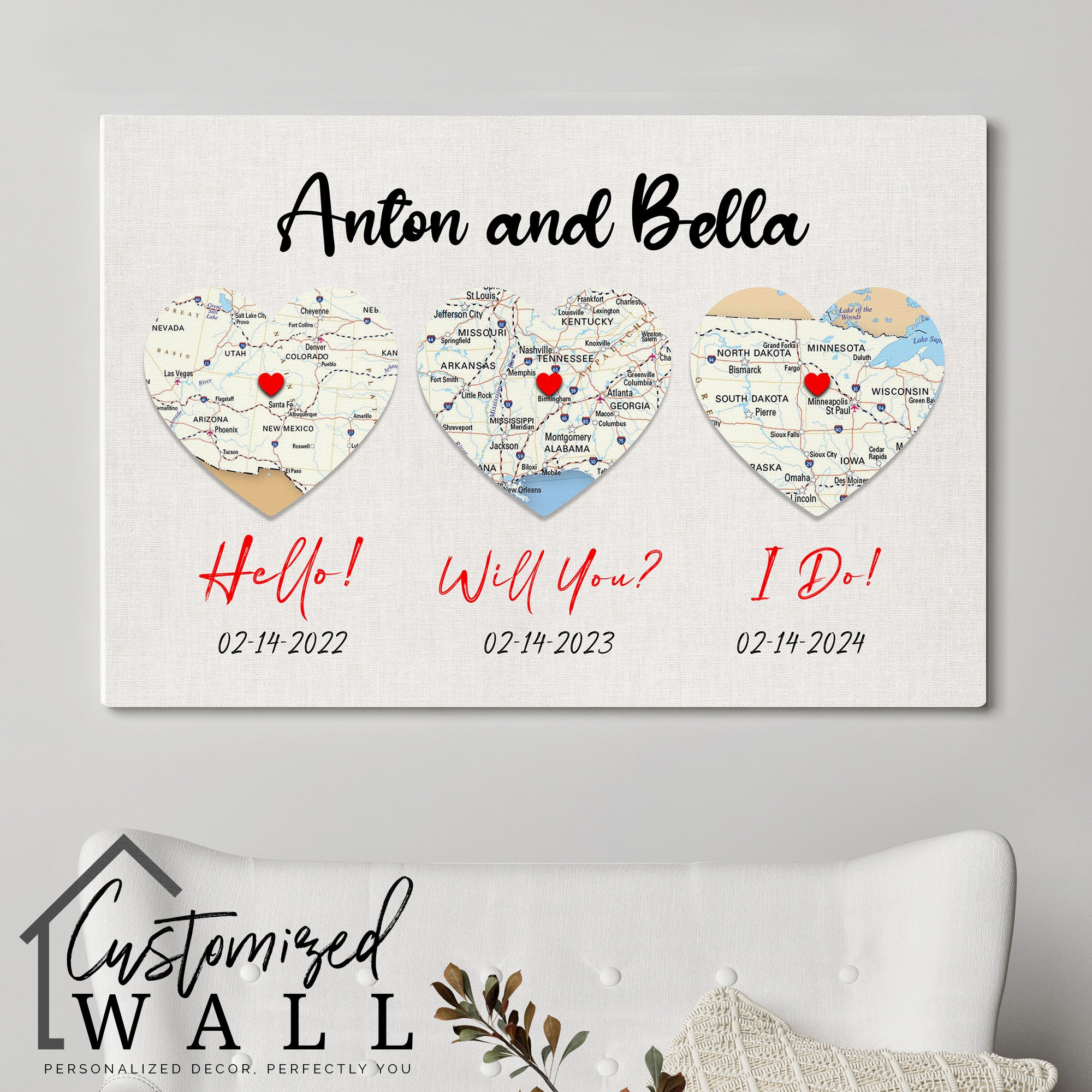 Personalized Milestone Heart Map Wedding Canvas - Custom Dates & Locations for Couples - Image 5