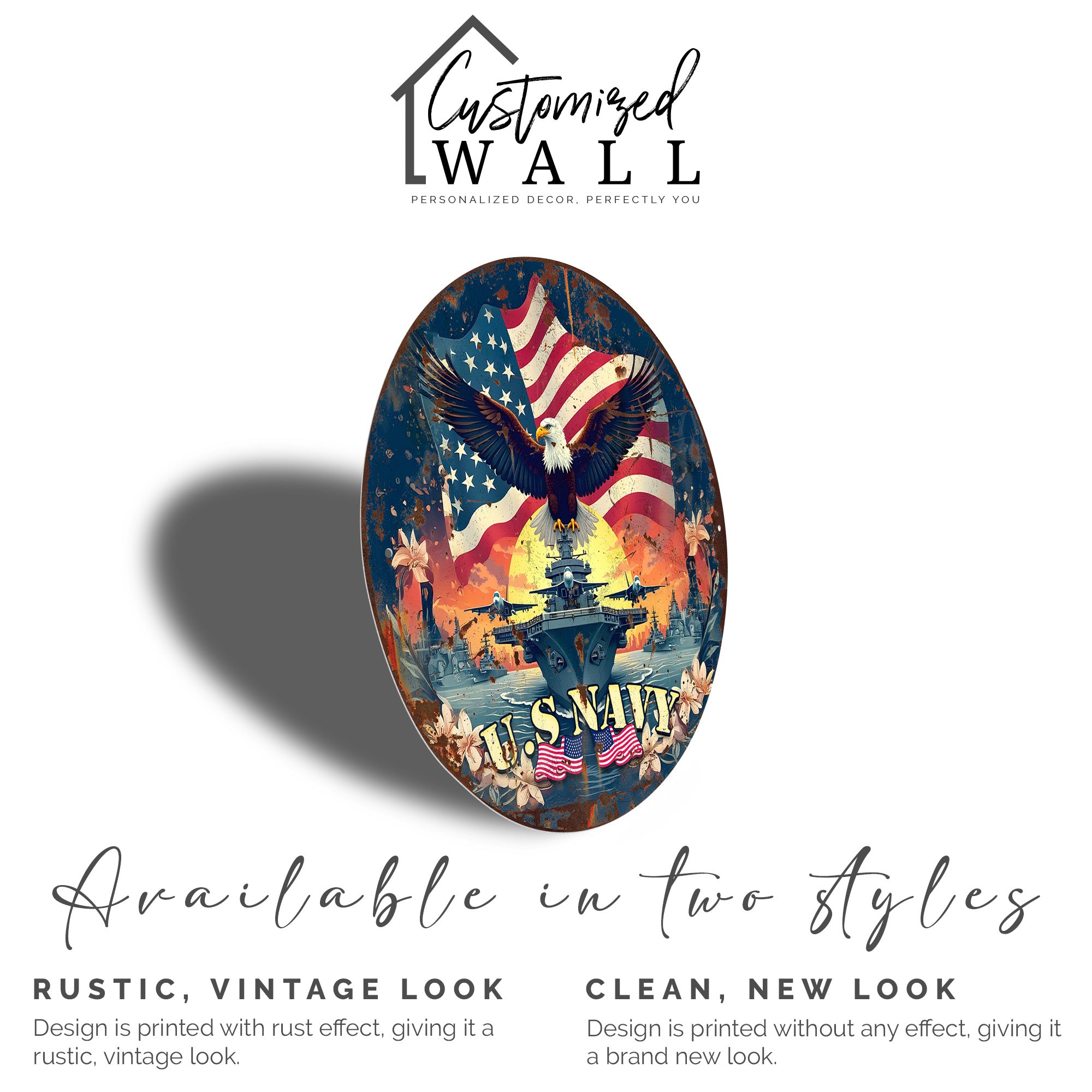 Personalized U.S. Navy Round Metal Sign - Patriotic Home Decor with American Eagle and Floral Accents for Military Enthusiasts - Image 5