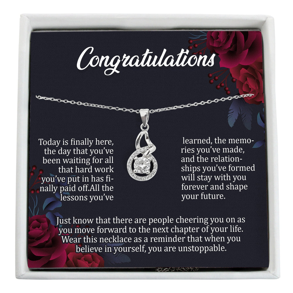 Congrats grad gift, sterling silver necklace with personalized message card and optional spa gift set; congratulations gift box