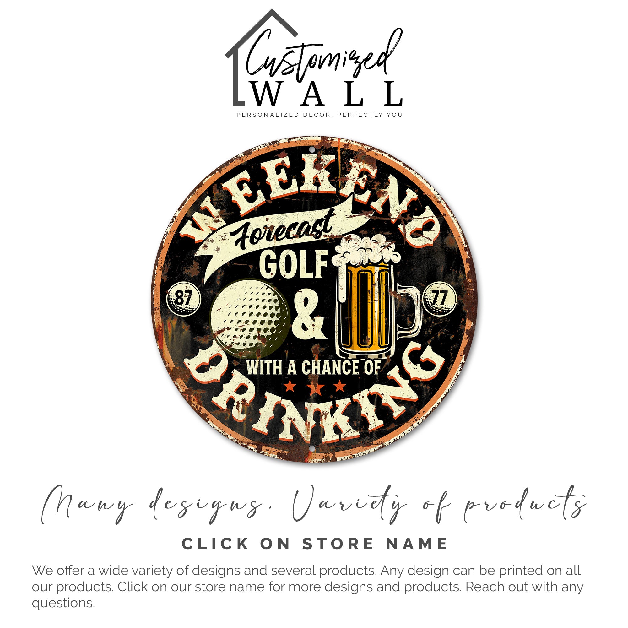 Personalized Round Metal Sign - Golf & Drinking Weekend Forecast - Rustic Wall Art for Mancave, Bar, or Patio - Image 6