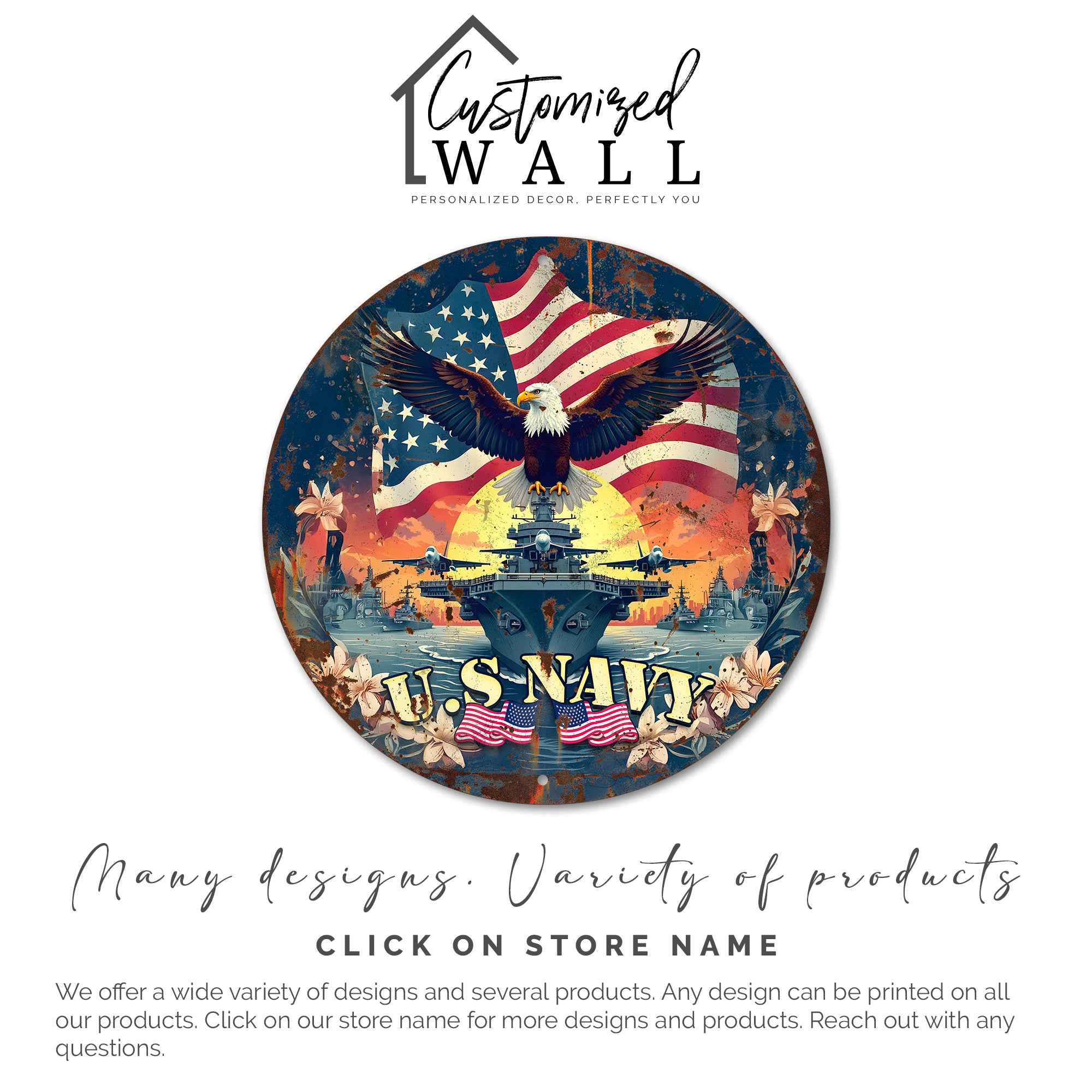 Personalized U.S. Navy Round Metal Sign - Patriotic Home Decor with American Eagle and Floral Accents for Military Enthusiasts - Image 6